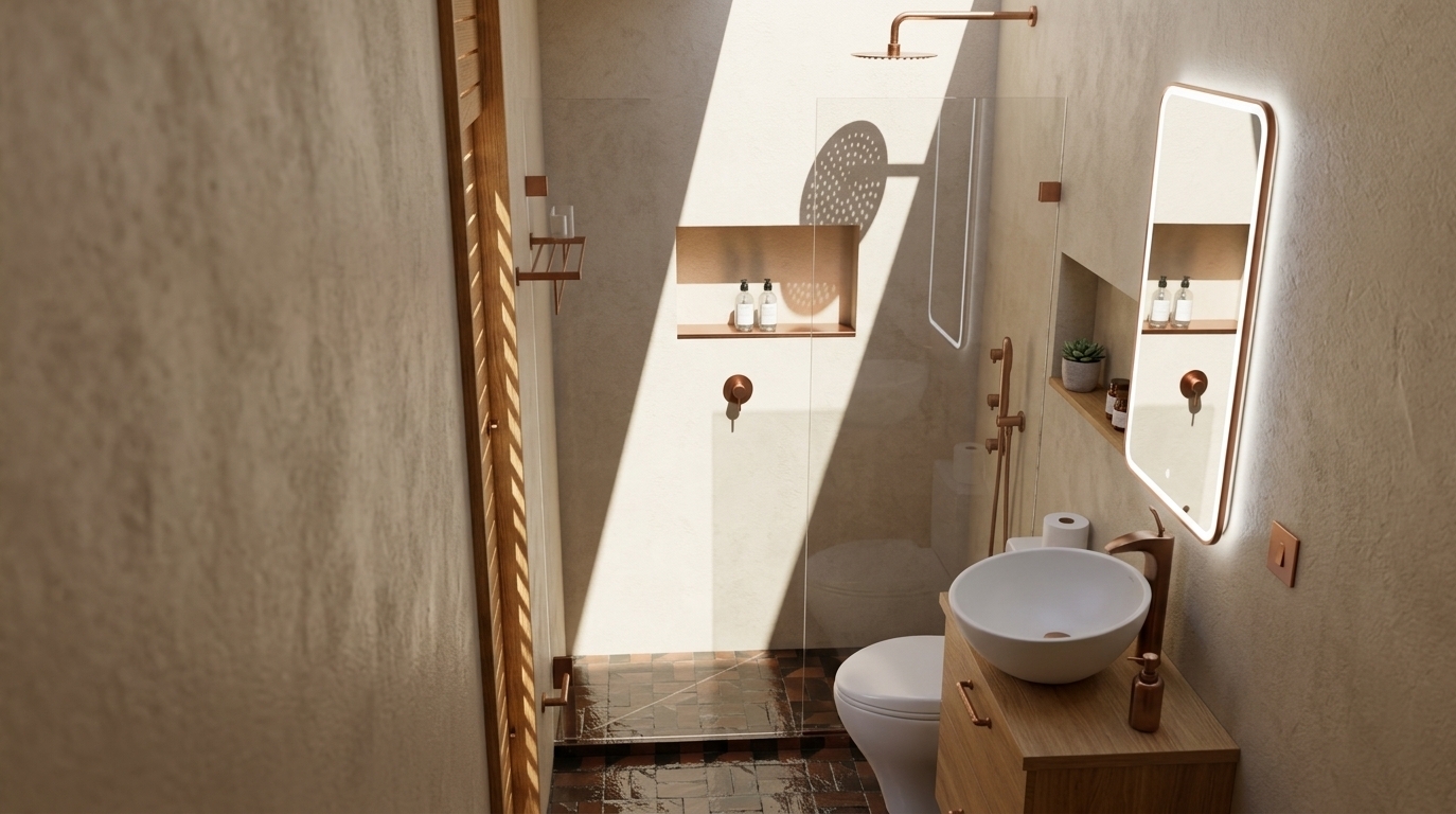 An incredibly lifelike, richly detailed, photorealistic interior eye-level shot of a serene Scandinavian bathroom sanctuary set in a minimalist modern residence. The scene is illuminated by brilliant natural sunlight streaming diagonally through an overhead skylight, coupled with soft LED backlighting around the vanity mirror, creating a calm, spa-like, and organic atmosphere. Captured with a professional 35mm architectural lens, emphasizing tactile limewash plaster walls, brushed copper fixtures, and rich wood grain details. Sunlight slices across the glass-enclosed shower, casting sharp geometric shadows of the wall-mounted copper rain shower head onto the warm, textured beige walls. A floating light-oak vanity features a smooth matte white ceramic vessel sink paired with an elegant bronze faucet, nestled beneath a backlit pill-shaped mirror. Built-in recessed wall niches hold minimalist skincare bottles and small potted succulents, while a dark geometric terracotta tile floor provides grounding depth and warmth to this beautifully balanced retreat.
