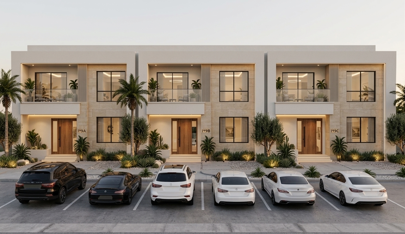 An incredibly lifelike, richly detailed, photorealistic wide eye-level exterior architectural shot of a luxury three-unit contemporary residential townhouse facade set in an upscale suburban environment. The scene is illuminated by soft, diffused late-afternoon sunlight paired with warm, hidden LED recessed lights tucked beneath balconies and entry alcoves, creating a serene, sophisticated, and welcoming atmosphere. Captured with a professional full-frame camera and a 35mm tilt-shift lens, emphasizing the fine grain of honed warm limestone wall panels, rich natural wood front doors with slender black handles, polished black and white luxury cars, and seamless glass balcony balustrades. Each of the three symmetrical residences displays expansive floor-to-ceiling dark-framed windows revealing subtle glimpses of warm, elegant interior spaces featuring sheer drapes, potted flora, and layered ceiling lights. Lush, manicured landscaping—comprising tall palm trees, sculpted olive bushes, and textured gravel garden beds with subtle uplighting—perfectly grounds the modern structure, seamlessly uniting crisp architectural lines, a refined neutral color palette, and high-end residential luxury.
