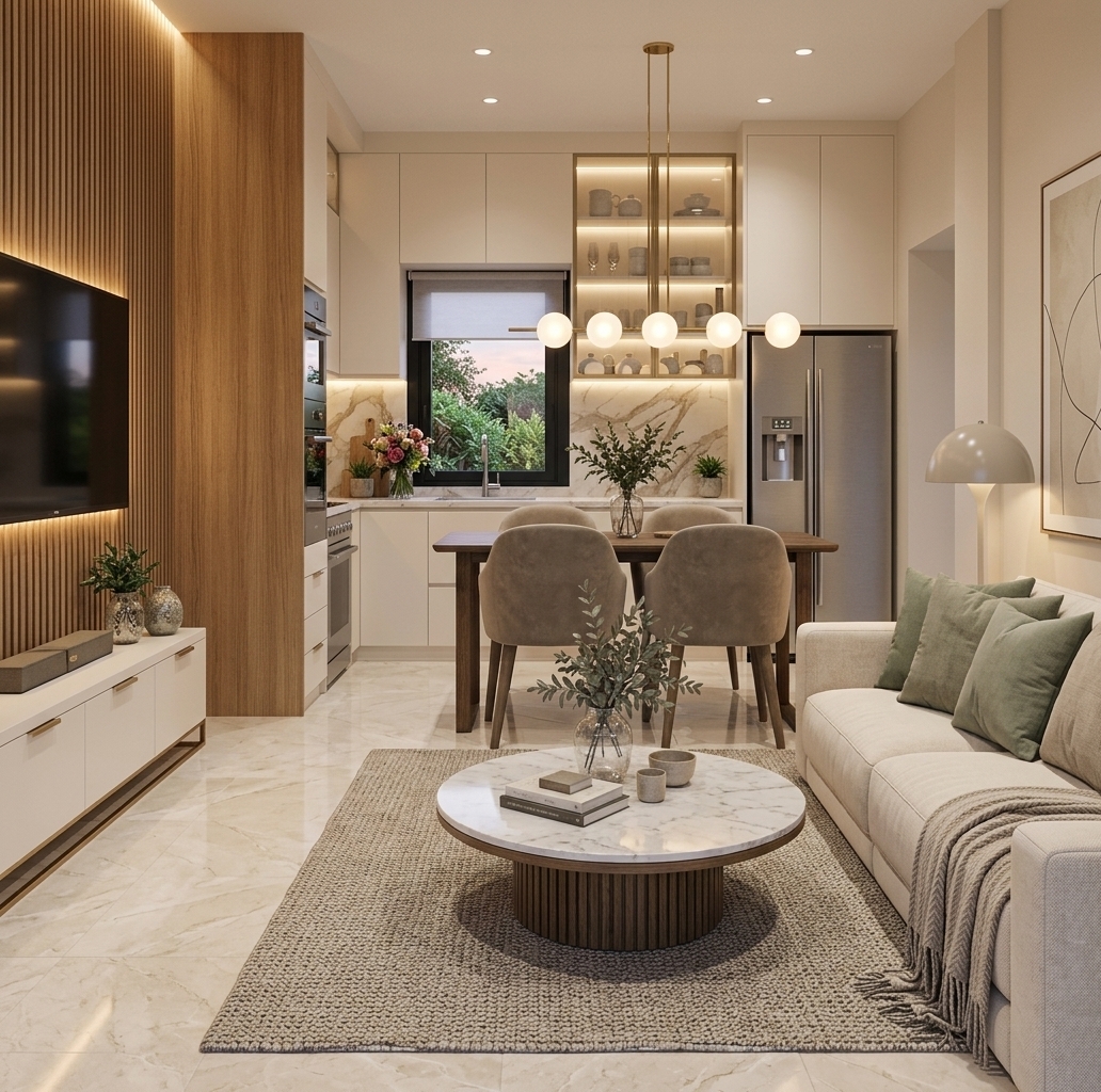 An incredibly lifelike, richly detailed, photorealistic eye-level interior shot of a luxurious open-concept living, dining, and kitchen space set in a modern contemporary residence during a soft spring sunset. The scene is illuminated by gentle twilight filtering through the kitchen window combined with layered ambient indoor lighting, creating a warm, cozy, and sophisticated atmosphere. Captured with a professional 24mm architectural lens, emphasizing the refined contrast between polished marble, natural oak wood slats, soft linen upholstery, and subtle brushed brass accents. In the foreground living area, a plush cream sofa styled with muted sage-green cushions and a textured neutral throw sits gracefully on a large woven greige area rug, surrounding a round coffee table with a white veined marble top and a fluted timber base. To the left, a striking vertical oak-slat feature wall backlit with warm LED strip lighting frames a sleek TV above a floating white console, perfectly balancing the space. In the midground, an elegant dark wood dining table is surrounded by four plush taupe upholstered chairs, crowned by a contemporary brass chandelier with six glowing frosted glass globes. The background seamlessly transitions into a pristine kitchen featuring seamless warm-white flat-panel cabinetry, back-lit glass display shelves, a luxurious marble backsplash, integrated high-end appliances, and a black-framed window revealing vibrant spring greenery outside. Polished light marble floor tiles reflect the gentle, ambient radiance throughout, completing this spacious, beautifully unified minimalist haven.
