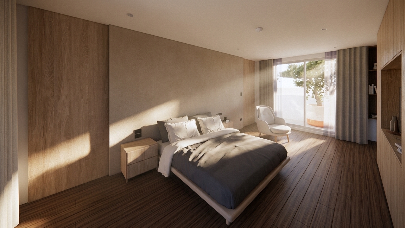A beautifully captured architectural interior photograph of a serene Zen-style bedroom, illuminated by soft, warm morning sunlight slanting obliquely through the large glass sliding window on the right. The subtle golden daylight creates delicate shadow patterns across the dark, rich hardwood floor planks, highlighting the natural wood grain and subtle surface sheen. The low platform bed is dressed in crisp, natural-woven off-white linen pillows with realistic organic micro-creases and a deep slate-grey matte cotton duvet. Behind the bed, the tactile textured plaster wall in a warm greige tone contrasts softly with the smooth light-oak wood paneled wall. Near the window, the soft cream lounge chair sits quietly next to flowing grey linen drapes, with lush garden greenery visible outside through the clear glass. Shot with a wide-angle architectural prime lens at eye level, the photograph features realistic depth of field, subtle film grain, soft directional lighting, faint chromatic aberration along the bright window edges, and gentle vignetting that draws the viewer into the tranquil, warm, and inviting atmosphere.