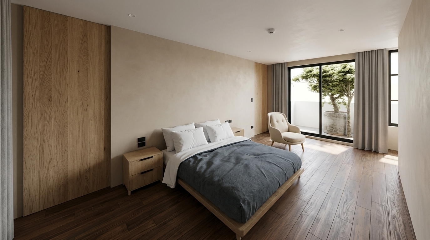 An incredibly lifelike, richly detailed, photorealistic wide-angle interior perspective shot of a serene, minimalist master bedroom suite set in a modern luxury residence blending Japandi and Digital Zen aesthetics. The scene is illuminated by soft, diffused natural daylight streaming through large sliding glass doors, complemented by subtle recessed ceiling spotlights, creating a tranquil, warm, and deeply relaxing atmosphere. Captured with a 24mm architectural lens with balanced exposure and sharp depth of field, emphasizing the rich linear grain of the dark hardwood floors, tactile matte plaster accent walls, and elegant natural oak paneling. At the heart of the space, a low-profile platform bed dressed in crisp white pillows and a dark slate-grey duvet rests against a textured beige plaster wall, flanked by matching light-oak nightstands with sleek black hardware. Nearby, an inviting cream lounge chair sits beside the sunlit glass doors, which open to a bright balcony featuring a potted ornamental tree framed by soft grey drapes, effortlessly uniting modern luxury with peaceful natural elements.