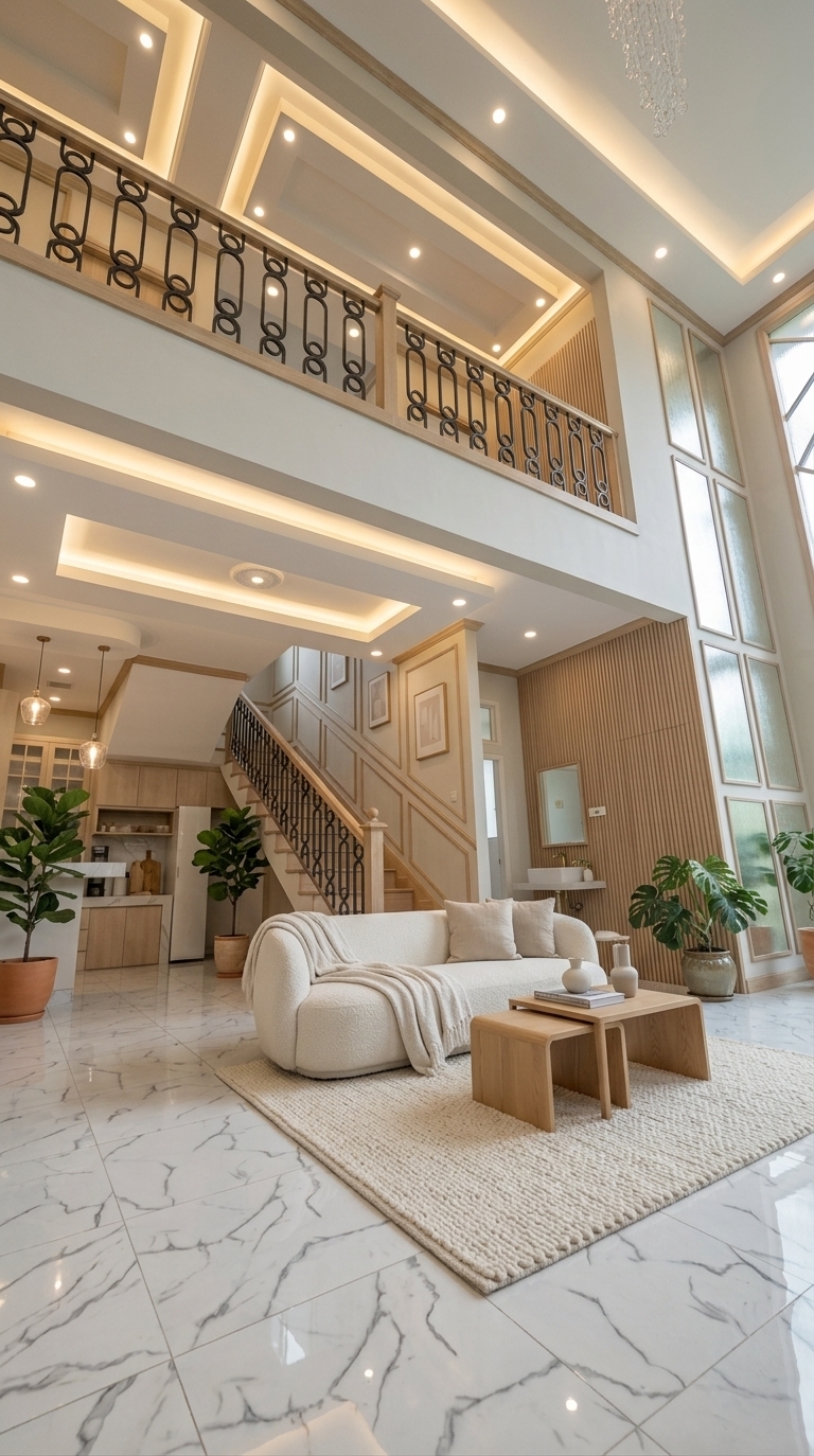 An incredibly lifelike, richly detailed, photorealistic wide-angle interior shot of a double-height Scandinavian sanctuary living room set in a luxurious modern home. The scene is illuminated by soft, diffused natural daylight paired with warm recessed LED tray lighting, creating a serene, airy, and cozy atmosphere. Captured with a 24mm architectural lens, emphasizing tactile plush textiles, natural light oak grains, and polished marble floor reflections. 

The spacious open-plan floor is anchored by a thick, textured cream wool area rug, supporting a plush, low-profile curved sofa in off-white bouclé fabric adorned with neutral linen cushions and a soft knit throw. At the center sit nesting light oak coffee tables holding minimalist ceramic vases and art books. Tall terracotta and glazed ceramic pots line the room, overflowing with vibrant indoor plants like a fiddle-leaf fig and monstera to bring natural serenity indoors. The grand staircase and upper balcony are softened with light oak accents that harmonize with the wood-fluted feature wall. Modern minimalist artwork in natural timber frames adorns the soft-grey paneled walls, seamlessly blending grand architectural volume with intimate, hygge-inspired comfort.