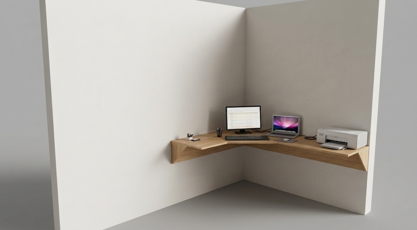 A professional full-frame architectural photograph capturing the wall-mounted corner telework desk exactly as structured, featuring its light oak wood melamine surface with detailed wood grain patterns and a natural satin finish sheen. Soft, directional ambient daylight sweeps gently across the off-white corner walls from the side, casting realistic soft shadows beneath the floating desk, under the printer, and within the wall juncture. The computer monitor and laptop screens emit a subtle internal glow that casts soft, faint light onto the matte wooden desktop and black keyboard. Material surface textures display realistic micro-details, including microscopic dust motes on the electronic casings, slight smudges on the screen bezels, realistic matte wall paint with fine plaster stippling, and natural flex in the black power cables resting along the desk edge. The image is captured with a 35mm lens at f/5.6, presenting sharp focus across the entire workstation, faint optical vignetting at the frame edges, realistic ambient occlusion in tight crevices, and subtle digital sensor grain that converts the render into a genuine photographic image.