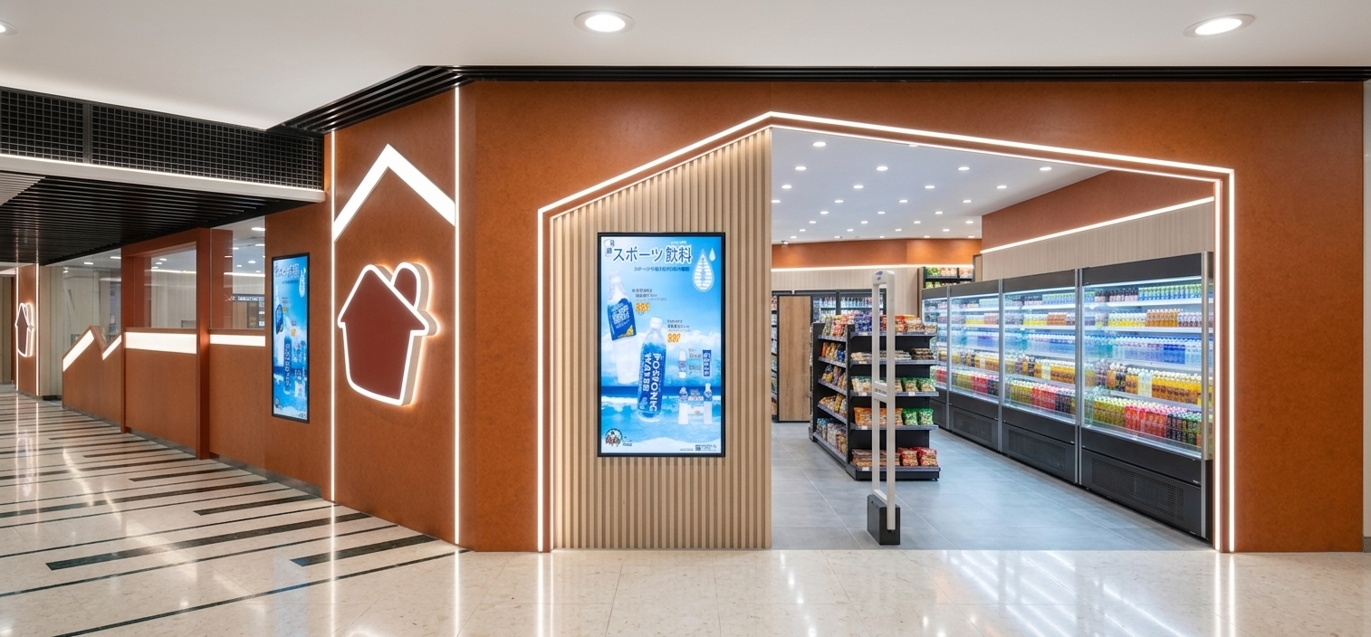 A high-end architectural interior photograph of a modern convenience store within a bright commercial mall, maintaining the exact perspective, geometry, framing, and material textures of the original image. The lighting features a crisp, bright cool-white ambient atmosphere. Recessed ceiling downlights emit realistic, vibrant illumination with gentle light falloff across the ceiling tiles. The house-shaped portal opening is enhanced with a delicate, integrated LED light strip along its inner perimeter, casting a soft halo effect onto the adjacent vertical wood slatted panel and warm terracotta-textured walls. All posters are rendered as crisp, illuminated backlit lightbox displays. The white acrylic contour of the house logo sign mounted on the orange wall is illuminated with a soft internal glow along its edges. Inside, the dark metal refrigerated beverage cases and product shelves feature realistic highlights on bottle packaging and glass doors, complete with grounded cast shadows beneath the racks. The light-colored floor tiles subtly reflect the overhead ceiling fixtures and glowing store elements. Shot on a wide-angle tilt-shift lens with perfect verticals, crisp depth, natural physical material properties, and authentic interior architectural photography quality.