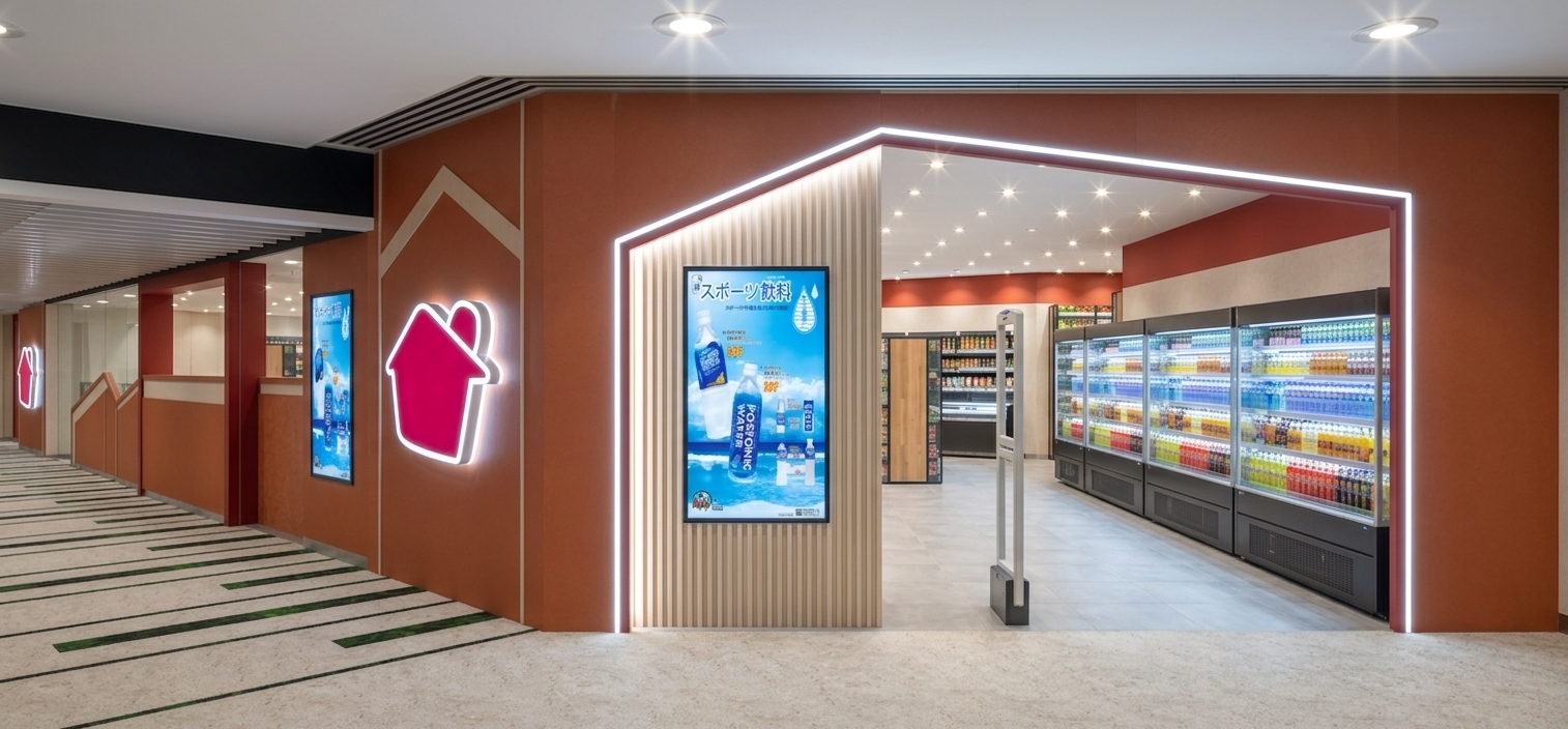 A professional commercial architectural photograph of this retail store entrance, captured with a wide-angle lens maintaining perfectly straight vertical lines and absolute fidelity to the original geometry, layout, and camera angle. The scene is illuminated by a clean, neutral-to-cool white light palette, where all recessed ceiling downlights glow realistically with natural hot spots and soft atmospheric bloom. The house-shaped red entrance arch features an integrated glowing LED light strip running smoothly along its inner contour, casting a soft, diffuse light spill onto the light wood-slatted wall and interior ceiling. Mounted on the textured, matte terracotta wall, the house-shaped sign's white border glows intensely as a backlit channel letter lightbox, while all advertising posters are rendered as fully illuminated, backlit acrylic lightboxes. The polished tiled floor in the foreground exhibits smooth, semi-gloss reflections of the ceiling fixtures and lit archways, while the interior grey floor tiles show subtle, realistic contact shadows beneath the security pedestals and display shelves. Inside, the beverage refrigeration units feature glass doors with realistic specular reflections and cold, clear interior shelf lighting that highlights the glossy plastic and aluminum textures of individual product bottles and cans, delivering a refined, high-end interior design pitch visual with realistic light transport, material physics, and physical depth.