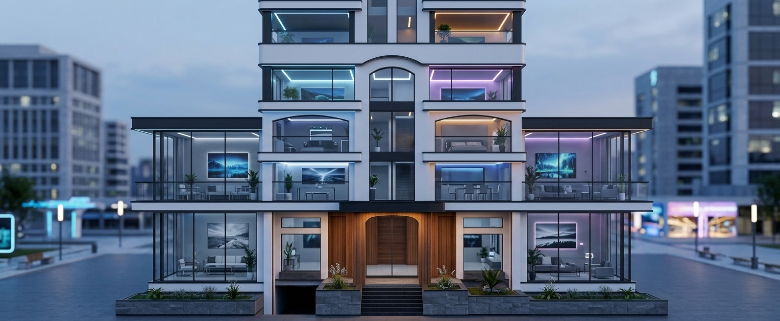 An incredibly lifelike, richly detailed, photorealistic front elevation architectural photo of a multi-story modern luxury residence set in a serene urban smart-city environment. The scene is illuminated by soft diffuse twilight blended with subtle neon strip lighting integrated into the balcony soffits, creating a futuristic, tranquil atmosphere. Captured with a 35mm tilt-shift lens, emphasizing smooth polished white composite cladding, dark matte metal trims, slick reflective glass, and warm timber entrance accents. 

Visible through the floor-to-ceiling glass balconies on each level are sleek, uncluttered "Digital Zen" living spaces styled in shades of cool gray and stark white, accented by ambient neon lighting. Minimalist metal and glass furniture, high-tech digital landscape wall art, and serene indoor plants bring a harmonious blend of cyberpunk innovation and Zen tranquility to the interior view. The grand central entrance features a warm, rich wood-paneled archway flanked by low-profile stone planters, creating an inviting, organic anchor to the building's striking, streamlined vertical symmetry.