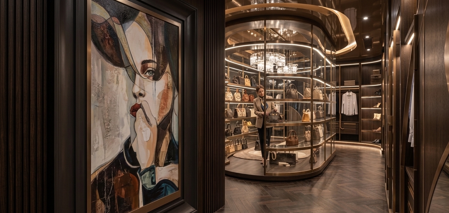 An incredibly lifelike, richly detailed, photorealistic wide-angle interior photo of a grand luxury walk-in closet set in a contemporary high-end residence. The scene is illuminated by warm integrated LED strip lights along cabinet perimeters, soft recessed ceiling spotlights, and gentle shelf illumination, creating a rich, glamorous, and inviting atmosphere. Captured with a professional 24mm tilt-shift lens, emphasizing rich espresso wood grain, brushed bronze metallic trims, crystal-clear glass reflections, and smooth leather textures. 

In the foreground, a prominent framed modern portrait artwork framed in deep dark molding guides the eye into the space. The central focus is a magnificent curved glass-and-bronze display island, where a stylishly dressed woman is thoughtfully preparing and arranging designer leather handbags on illuminated shelves. Deep espresso wood tile arranged in a pristine herringbone pattern sweeps across the floor, while the brown ceiling panels feature a ultra-glossy PVC mirror finish, brilliantly reflecting the soft glow of lights, the central display, and the surrounding environment with 8K clarity. Integrated open-wardrobe shelving along the perimeter houses tailored garments, creating the ultimate sanctuary of contemporary elegance and refined personal luxury.