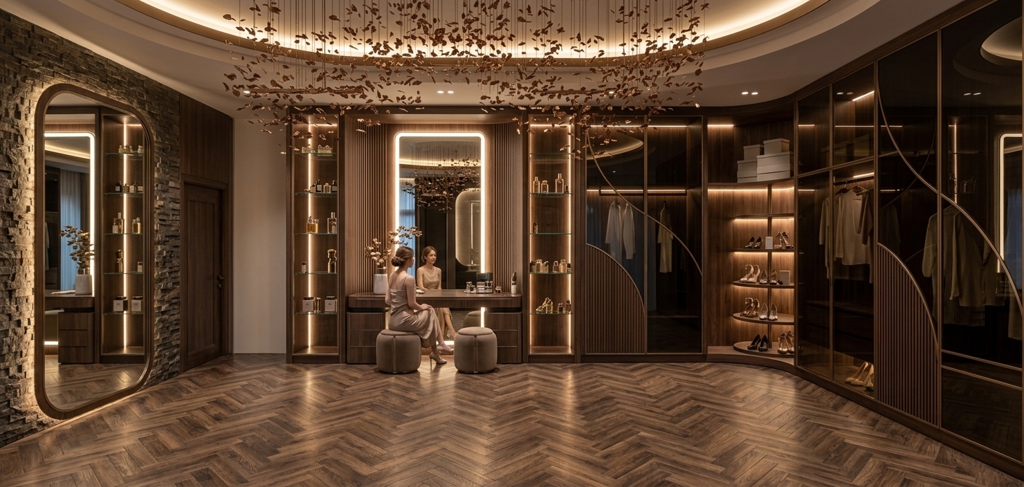 An incredibly lifelike, richly detailed, photorealistic wide-angle interior photograph of a grand walk-in closet and dressing room set in a luxury modern residence. The scene is illuminated by warm integrated LED backlighting, soft halo mirror lighting, and subtle recessed spotlights, creating an intimate, opulent atmosphere. Captured with a professional 24mm architectural lens, emphasizing rich dark wood textures, brushed bronze accents, and realistic soft reflections...

At the center of the room, a gracefully dressed woman sits on a plush taupe velvet ottoman at the vanity station, admiring her reflection in the tall halo-lit mirror flanked by open shelving displaying luxury perfume bottles. The expansive floor features dark oak herringbone wood tiles that softly catch the ambient light from the illuminated cabinetry and ceiling cove. Spanning the curved walls are bespoke floor-to-ceiling wardrobes featuring bronze-framed smoked glass doors, slatted wood paneling, and a dedicated rotating shoe display showcase. Overhead, a dramatic ceiling installation of delicate leaf-like bronze sculptures hangs suspended in mid-air, while a large capsule-shaped full-length mirror with backlighting rests against a textured dark feature wall to the left, completing this sanctuary of contemporary elegance.