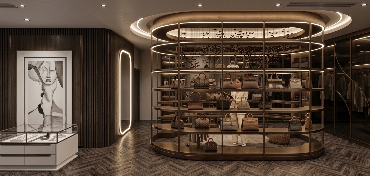 An incredibly lifelike, richly detailed, photorealistic wide-angle interior photo of a modern walk-in closet set in a lavish contemporary penthouse. The scene is illuminated by warm recessed ceiling spotlights, soft integrated LED strip lighting tracing the circular shelving, and ambient showcase glows, creating an intimate, sophisticated atmosphere. Captured with a professional 24mm lens, emphasizing the rich dark herringbone wood tile flooring, polished brushed-bronze metallics, crisp glass reflections, and tactile fluted wall paneling. 

At the center of the space stands a dramatic, multi-tiered circular bronze display unit showcasing an array of luxury leather handbags, crowned by a recessed ceiling feature with delicate hanging branch sculptures. To the left, a sleek white and glass jewelry display counter rests beneath a large, framed contemporary artwork, positioned beside curving vertical wood slat walls and an illuminated arched floor mirror. Tailored wardrobes with dark glass doors line the right side, subtly reflecting the warm ambient lights. A stylishly dressed woman stands within the boutique-like sanctuary, admiring the curated handbag collection, perfectly exemplifying contemporary elegance and refined craftsmanship.