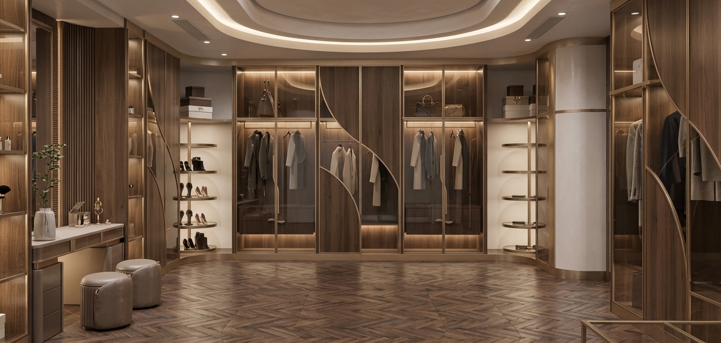 An incredibly lifelike, richly detailed, photorealistic wide-angle interior photograph of an opulent walk-in wardrobe and dressing room set in a luxury modern penthouse suite. The scene is illuminated by layered architectural lighting, including soft ambient warmth from a grand oval ceiling cove, warm strip LEDs integrated inside glass display cases, and subtle backlighting, creating a sophisticated and intimate atmosphere. Captured with a 24mm wide-angle tilt-shift lens, emphasizing the rich dark wood herringbone floor tiles, satin champagne-gold metallic trim, and smooth matte lacquered cabinetry. 

The focal point features floor-to-ceiling glass-door wardrobes framed in brushed bronze-gold metal, seamlessly integrating fluid, curved wooden door accents that house tailored overcoats, suits, and designer handbags with soft, realistic glass reflections. Flanking the main wardrobe wall are open-curved corner display towers showcasing curated luxury footwear and elegant gift boxes. On the left, a built-in vanity station boasts vertical fluted wood wall panelling, a slim makeup desk adorned with delicate accessories and a small potted plant, and two plush, pleated taupe leather ottomans resting on the deep-toned wood tile flooring. Overhead, a dramatic multi-tiered oval ceiling feature cascades soft illumination across the room, highlighting the flawless spatial symmetry and high-end craftsmanship of this modern fusion dressing sanctuary.
