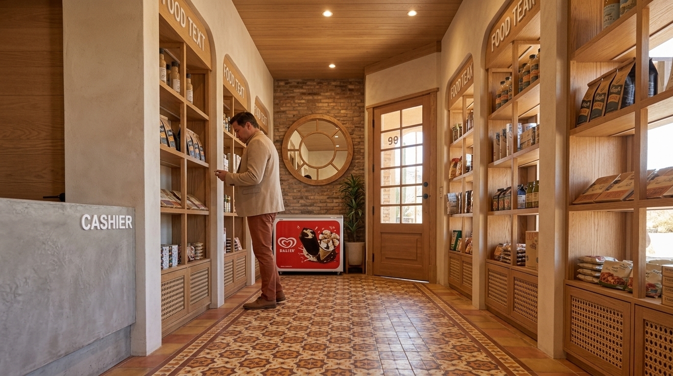 An incredibly lifelike, richly detailed, photorealistic eye-level interior shot of a gourmet boutique market set in a sun-drenched desert retreat. The scene is illuminated by warm, bright midday light flooding from the glass entryway alongside soft recessed downlights, creating a tranquil, earthy atmosphere. Captured with a 24mm tilt-shift lens, emphasizing rich oak wood grains, tactile adobe wall textures, and intricate floor patterns, the composition balances depth and rustic elegance. 

Custom light-oak shelving units with subtle arched headers line both sides of the corridor, neatly displaying artisanal gourmet goods, packaged coffees, and curated culinary items on pared-down surfaces. The lower cabinetry features natural woven rattan inserts, beautifully complementing the central walkway paved with decorative encaustic floor tiles in warm shades of terracotta, ochre, and beige. At the rear, a warm exposed brick feature wall showcases a round wooden geometric mirror and a lush potted desert plant, situated beside a classic wood-and-glass exterior door. To the left foreground, a minimalist textured concrete cashier desk with bold white lettering anchors the space, while a patron dressed in a beige jacket and terracotta trousers thoughtfully browses the shelves, capturing the authentic essence of a serene Southwestern retail sanctuary.
