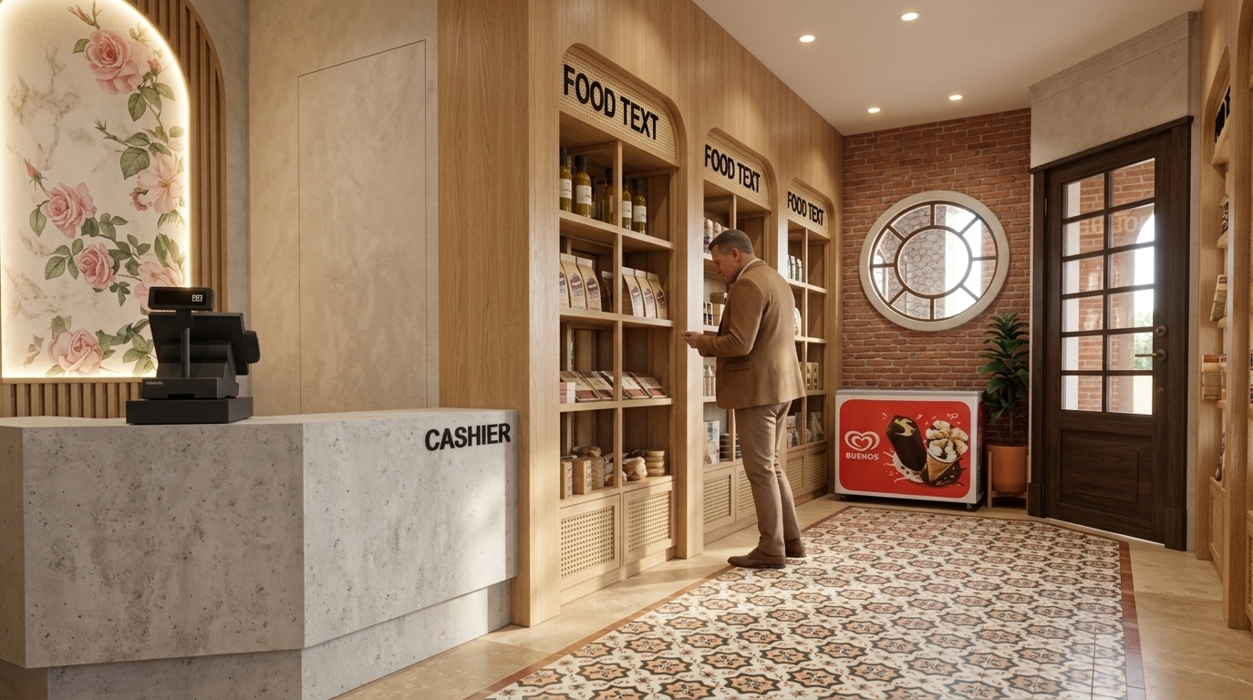 An incredibly lifelike, richly detailed, photorealistic wide-angle interior shot of a boutique gourmet market corner set in a desert retreat on a clear spring midday. The scene is illuminated by warm recessed spotlights and soft, sun-drenched ambient light, creating a minimal, tranquil Southwestern atmosphere. Captured with a 24mm architectural lens, emphasizing the fine grain of light oak paneling, textured red brickwork, and intricate ceramic floor tile patterns, the space effortlessly blends modern convenience with organic charm. In the foreground, a textured light-gray concrete cashier counter with a black POS terminal anchors the room, positioned beside an elegant arched niche adorned with soft floral wall art framed by glowing LED backlighting. Continuous custom light-wood cabinetry features arched headers and woven cane drawer fronts, neatly displaying neatly organized artisan products. A smartly dressed customer browses the shelves along the central pathway, paved in ornate earth-toned tiles framed by smooth beige stone flooring. At the rear, an exposed brick wall with a decorative circular window and a potted plant adds rich tactile depth, completing this warm, beautifully crafted retail haven.