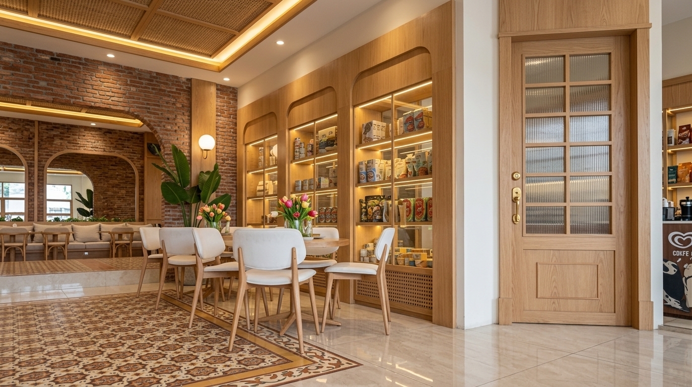 An incredibly lifelike, richly detailed, photorealistic wide-angle interior photo of a bohemian oasis restaurant set in a welcoming spring dining environment. The scene is illuminated by warm, ambient recessed cove lights and soft midday daylight, creating an inviting, free-spirited, and cozy atmosphere. Captured with a professional 35mm lens, emphasizing the rich contrast between exposed rustic red brickwork, smooth light oak paneling, and intricate floor tiles. Elegant white-upholstered dining chairs surround light wood tables adorned with fresh floral arrangements in clear glass vases. A striking inlaid tile section displaying intricate geometric motifs in shades of warm rust, mustard, and earthy neutrals grounds the space against polished porcelain floors. Seamlessly integrated light wood display cabinets with glass doors showcase curated artisan goods, while a lush potted tropical plant and handcrafted woven rattan ceiling panels bring layered texture and a vibrant, globally-inspired charm to the modern eclectic space.