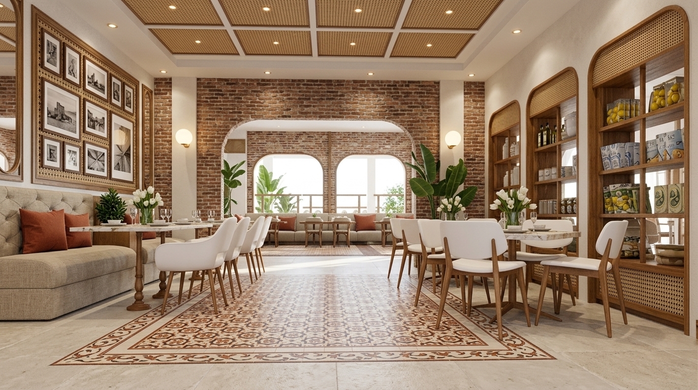 An incredibly lifelike, richly detailed, photorealistic wide-angle interior photo of a cozy restaurant styled as a Mediterranean retreat set in an upscale coastal venue. The scene is illuminated by bright midday spring light blending with warm, soft ambient perimeter glow, creating a relaxed, inviting, and sun-drenched atmosphere. Captured with a 24mm architectural wide-angle lens, emphasizing the rich textures of exposed red brickwork, woven cane ceiling panels, and elaborate terracotta-patterned floor tiles. On the left, tufted neutral banquette seating features vibrant terracotta accent pillows and marble-topped bistro tables with fresh white tulips, framed by a gallery wall of framed photography on textured rattan paneling. An arched passageway cuts through an aged brick accent wall, leading into a shaded back dining lounge, while lush indoor banana plants introduce vibrant greenery. To the right, tall warm-oak cabinets with arched glass displays and cane webbed lower panels house artisanal goods beside elegant white dining chairs with light timber legs. The central space is defined by an intricate, vintage-inspired tiled floor inlay that harmonizes the earthy hues, rustic wooden textures, and casual Mediterranean charm of the entire dining space.