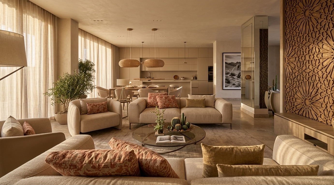 An incredibly lifelike, richly detailed, photorealistic wide-angle interior shot of a spacious living area set in a serene desert retreat. The scene is illuminated by the gentle, golden morning light of sunrise filtering through sheer, full-length drapes, creating a sun-drenched, warm, and deeply tranquil atmosphere. Captured with a 35mm tilt-shift architectural lens, emphasizing the tactile plaster surfaces, plush beige upholstery, and an intricate, Southwestern-inspired geometric carved feature wall on the right. Plush seating arranged with patterned terracotta and muted gold accent pillows surrounds a low, round glass coffee table display showcasing a curated photography book and desert succulents. Beyond the living area, a pared-down kitchen adorned in shades of beige and warm neutrals seamlessly connects with the dining space, where earthy textures and subtle leafy greenery complete this elegantly minimalist, sun-lit sanctuary.