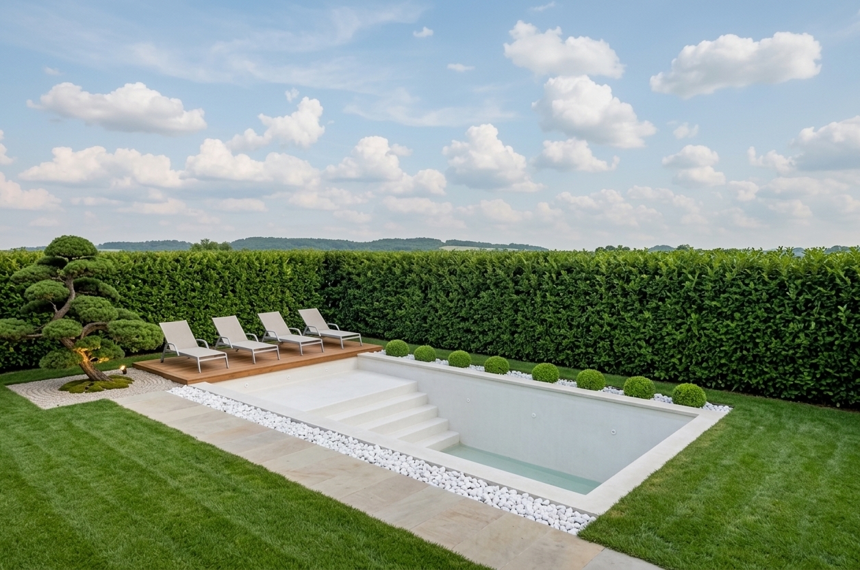 An incredibly lifelike, richly detailed, photorealistic wide-angle landscape photo of a luxury outdoor pool area set in a serene, private garden overlooking distant rolling hills. The scene is illuminated by soft, clear daylight combined with subtle, modern garden accent lighting—including a discreet upward spotlight positioned beneath the sculpted Japanese bonsai tree on the left—creating a tranquil, contemporary elegance atmosphere. Captured with a professional 24mm architectural lens, emphasizing the fine texture of the golf-course quality lawn, smooth natural stone pool coping and walkways, warm grain of the wooden solarium deck, and smooth white river pebbles. Following the exact architectural layout, the empty recessed pool shell features a shallow beach entry lounging area leading down via five perfectly defined, geometric steps. Along both long sides of the pool, linear channels filled with stark white stones add a crisp contrast, with the far side featuring a row of perfectly trimmed, spherical green bushes. Four sleek, minimalist loungers sit aligned on the elevated timber platform, while a tall, dense green privacy hedge spans the entire back perimeter against a soft, cloud-dappled blue sky.