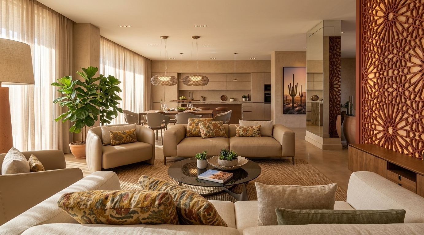 An incredibly lifelike, richly detailed, photorealistic interior photo of an open-concept living room set in a luxurious desert retreat. The scene is illuminated by bright midday sun-drenched light softly diffused through floor-to-ceiling sheer curtains, creating a tranquil and warm atmosphere. Captured with a 24mm tilt-shift architectural lens, emphasizing tactile adobe-textured plaster, intricate geometric lattice paneling, and a refined Southwestern color palette of terracotta, warm beige, and muted moss green. In the foreground, a spacious cream sectional cushioned with patterned mustard and earth-toned pillows centers around a dark glass coffee table, topped with a coffee table photography book and minimalist potted succulents. In the background, pared-down surfaces, desert landscape wall art, and adobe-inspired architectural finishes seamlessly connect the lounge to a sleek dining area and modern kitchen, blending rustic charm with sophisticated modern tranquility.