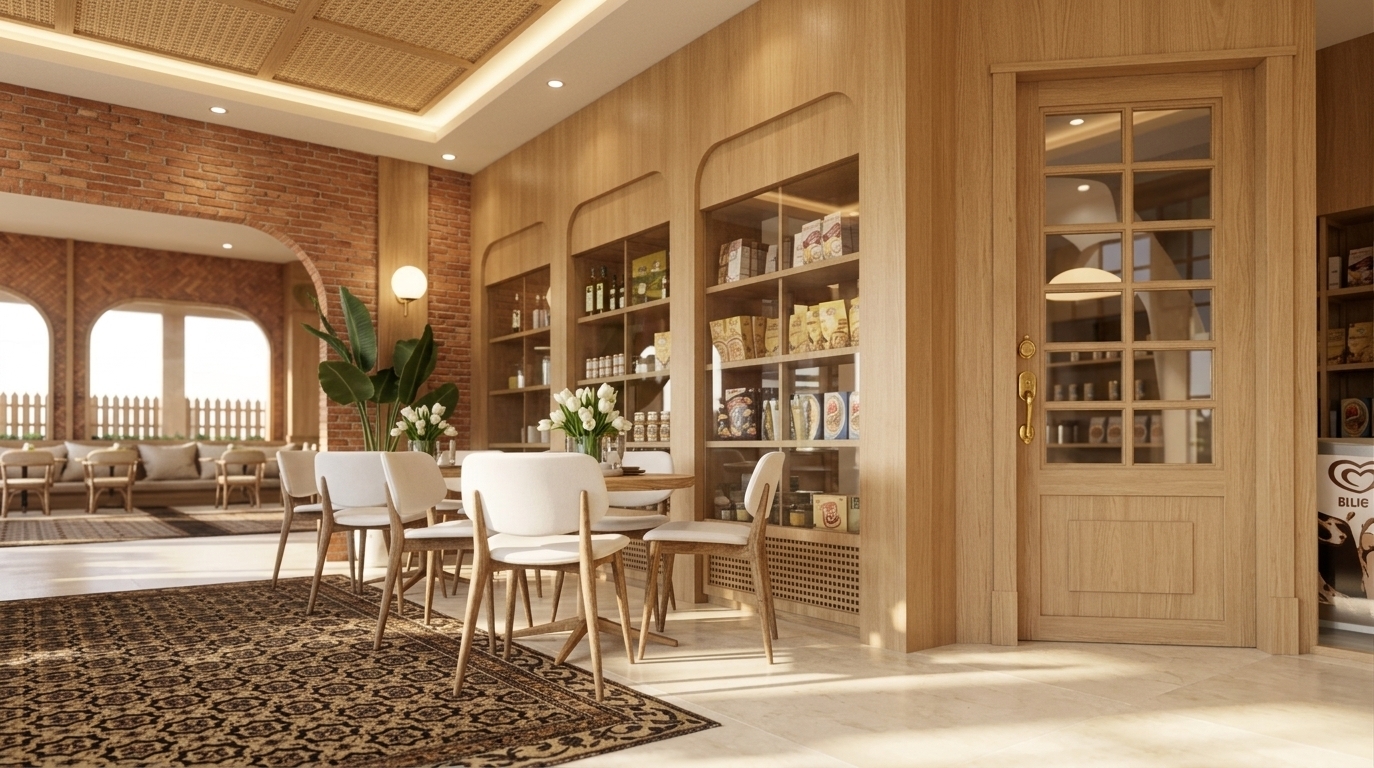 An incredibly lifelike, richly detailed, photorealistic eye-level interior perspective shot of a charming restaurant dining space with boutique retail displays set in a tranquil Southwestern desert retreat. The scene is illuminated by warm, ambient midday sunlight blending seamlessly with soft recessed cove lights, creating a bright, serene, and sun-drenched atmosphere. Captured with a 24mm tilt-shift lens on a full-frame architectural camera, emphasizing the tactile harmony of exposed terracotta brickwork, smooth blonde oak wall paneling, and intricate geometric floor tiles. 

To the left, a rustic, exposed brick archway leads into an adjoining lounge, anchored by lush potted greenery. Modern white-upholstered dining chairs with slender wooden legs gather around pared-down wooden tables adorned with fresh white tulip arrangements. Built directly into the light oak wood wall, a series of arched glass display cabinets present neatly arranged gourmet goods. A matching framed wooden door with multi-pane glass panels frames the right side, while overhead, a tray ceiling featuring woven rattan inserts radiates a soft, ambient glow. The ground transitions elegantly from a decorative patterned tile rug to seamless, polished cream flooring, capturing a perfectly balanced, earth-toned, and minimalist desert aesthetic.