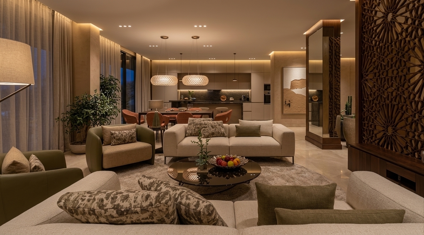 An incredibly lifelike, richly detailed, photorealistic wide-angle interior photo of a contemporary living room set in an upscale desert retreat at night. The scene is illuminated by warm, concealed cove lighting, gentle low-voltage ceiling spotlights, and soft under-cabinet kitchen glows, creating a tranquil, warm, and inviting atmosphere. Captured with a full-frame camera fitted with a 24mm tilt-shift lens, emphasizing tactile adobe-inspired walls, polished stone flooring, rich terracotta-accented cushions, and an intricate geometric feature wall. 

In the foreground, a luxurious beige sectional sofa adorned with textured patterned throw pillows anchors the serene space, arranged opposite a sleek round dark-glass coffee table carrying a delicate indoor succulent arrangement. Beyond the cozy seating area with muted olive-green and beige lounge chairs, the open-concept layout flows effortlessly into a sun-drenched daytime aesthetic now settled into an evening calm, showcasing a sophisticated dining area under modern glowing pendant lamps and a pristine, minimalist kitchen beyond. To the right, a striking floor-to-ceiling geometric latticework panel adds deep architectural texture, complemented by desert-inspired artwork, pared-down surfaces, and floor-to-ceiling sheer drapery lining wide windows that softly reflect the ambient warmth within.