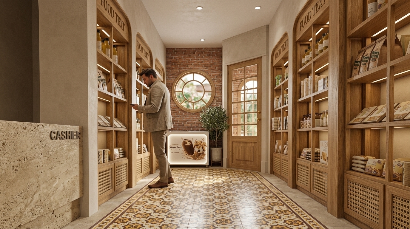 An incredibly lifelike, richly detailed, photorealistic eye-level interior shot of a boutique French country market set in a sunlit provincial store. The scene is illuminated by soft, warm midday summer light diffused alongside subtle recessed ceiling spotlights, creating a cozy, rustic, and inviting atmosphere. Captured with a 24mm wide-angle lens, emphasizing the intricate wood grain textures of custom light oak shelving, woven cane cabinet panels, and the tactile warmth of an exposed red brick focal wall. The central corridor features an ornate, patterned mosaic tile floor runner in shades of warm yellow, earthy brown, and cream, flanked by neatly arranged gourmet goods and artisanal packages on tall, arched display racks. On the left, a textured stone cashier desk grounds the foreground, while a stylish customer browses the curated selection. At the far end, a charming circular timber-framed window, a French pane door, and a lush potted indoor plant add cottage-inspired elegance, seamlessly blending vintage provincial romance with refined retail design.