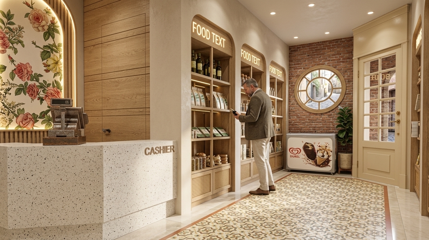 An incredibly lifelike, richly detailed, photorealistic wide-angle interior photo of a charming artisan store set in a provincial French country town. The scene is illuminated by ambient recessed spotlights and warm, diffused midday summer sunlight filtering through the space, creating a cozy, romantic, and inviting atmosphere. Captured with a high-end 24mm architectural lens, emphasizing the organic texture of light oak wood paneling, weathered red brickwork, polished terrazzo, and ornate tiled flooring. 

To the left, a minimalist speckled terrazzo cashier desk with "CASHIER" in subtle 3D lettering sits beneath a recessed archway adorned with romantic pastel rose wall art framed by warm LED backlight striping. Built-in, arched light-wood display cabinets with woven rattan lower paneling line the main wall, stocking gourmet oils and packaged provisions beneath illuminated "FOOD TEXT" signboards. A customer browses the shelves, adding a touch of life to the provincial scene. The back wall features an exposed red-brick facade centered around a classic circular timber-framed window, alongside a leafy indoor potted plant and a branded commercial freezer. The floor blends surrounding smooth porcelain with a central inset of intricate vintage pattern tiles in soft yellow, cream, and terra-cotta hues, perfectly completing this French country aesthetic.
