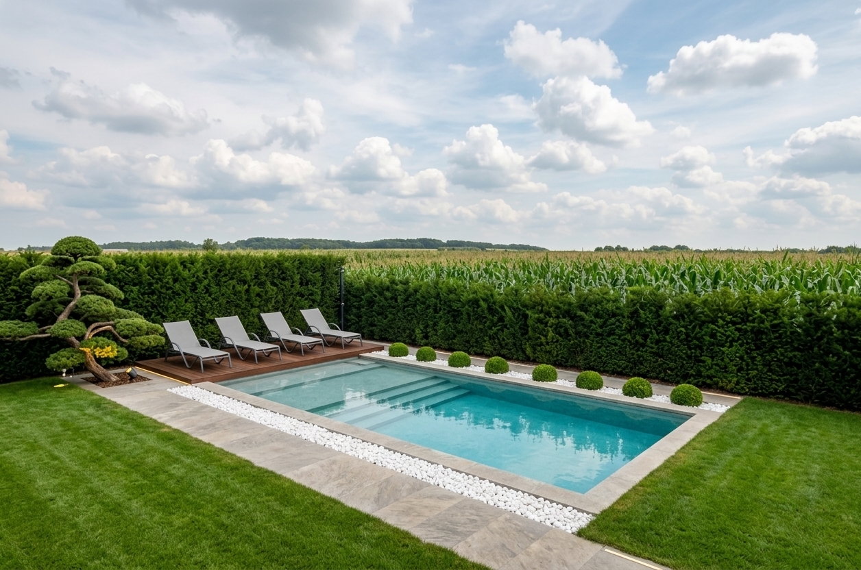 An incredibly lifelike, richly detailed, photorealistic wide-angle landscape photo of a luxury outdoor pool area set in a minimalist haven and serene private garden. The scene is illuminated by bright, clear daylight complemented by subtle modern garden lights—including an accent spotlight nestled beneath the sculpted bonsai tree on the left—creating a tranquil, modern atmosphere. Captured with a professional architectural lens, emphasizing the shimmering crystal-clear water filling the pool, the rich wood grain of the solarium deck with four sleek loungers, the smooth natural stone walkway, and the manicured golf-course-style green grass. The pool retains its shallow beach entry leading down via five precise steps, neatly framed by dual strips of bright white river pebbles, a row of neat spherical green bushes, and a dense evergreen hedge running along the background fence.