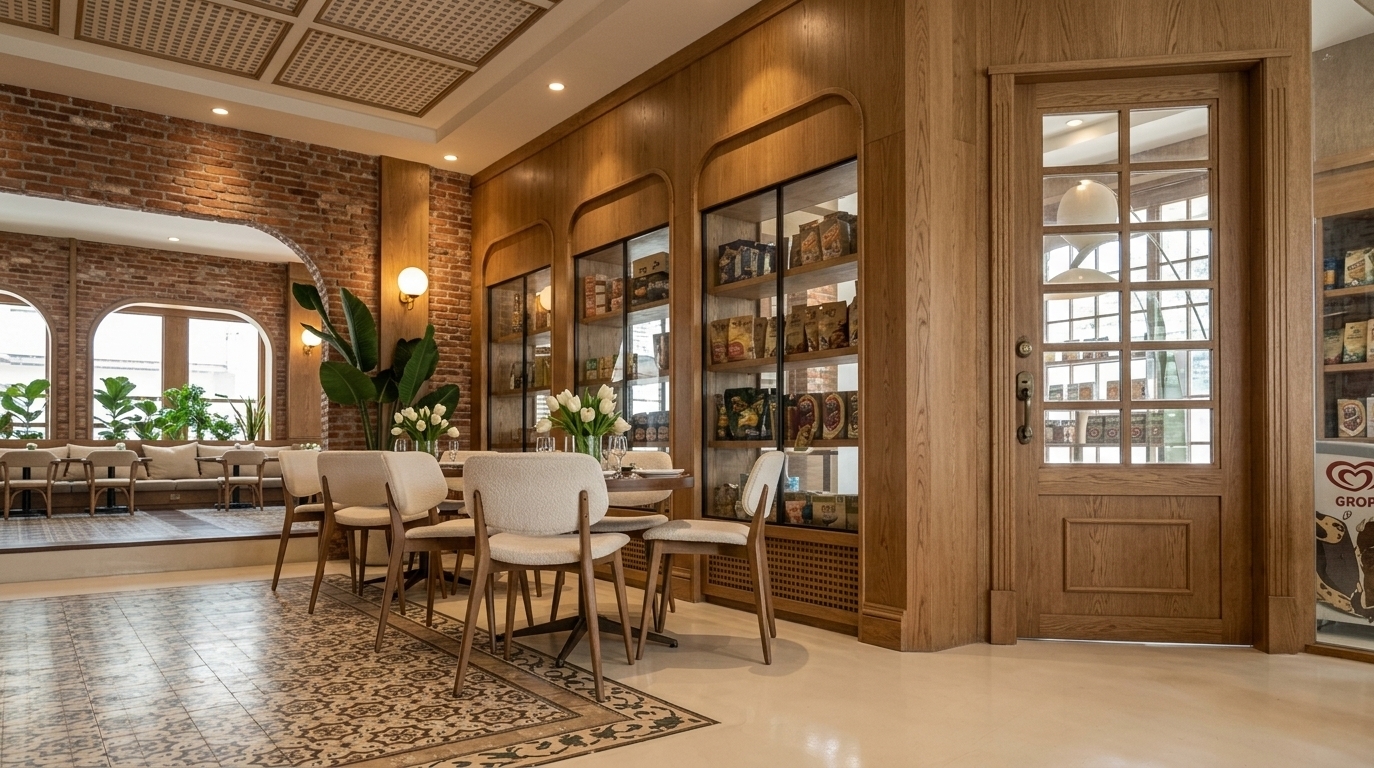 An incredibly lifelike, richly detailed, photorealistic wide-angle interior shot of a charming French country-inspired restaurant and gourmet display area set in an inviting boutique space. The scene is illuminated by gentle midday summer sunlight mixed with warm recessed cove lights and glowing globe sconces, creating a cozy, romantic, and rustic atmosphere. Captured with a professional 24mm architectural lens, emphasizing the weathered texture of exposed red brick, rich natural oak paneling, and intricate vintage floor tiles, the composition showcases a harmonious blend of provincial warmth and refined design. Central to the frame, sleek vintage-inspired chairs with soft off-white upholstered cushions gather around a dining setup decorated with fresh white tulips in glass vases. To the left, a distressed brick archway opens into a intimate seating nook, complemented by lush broad-leaf indoor plants that bring a vibrant touch of green to the soft neutral color palette. Natural wood paneling frames elegant arch-topped glass cabinets filled with curated gourmet packages, leading to a classic multi-paneled French-style glass door. Below, a beautiful inset of ornate patterned cement tiles defines the dining space against smooth, polished cream flooring, creating a lovingly arranged, inviting scene worthy of a luxury photography book.