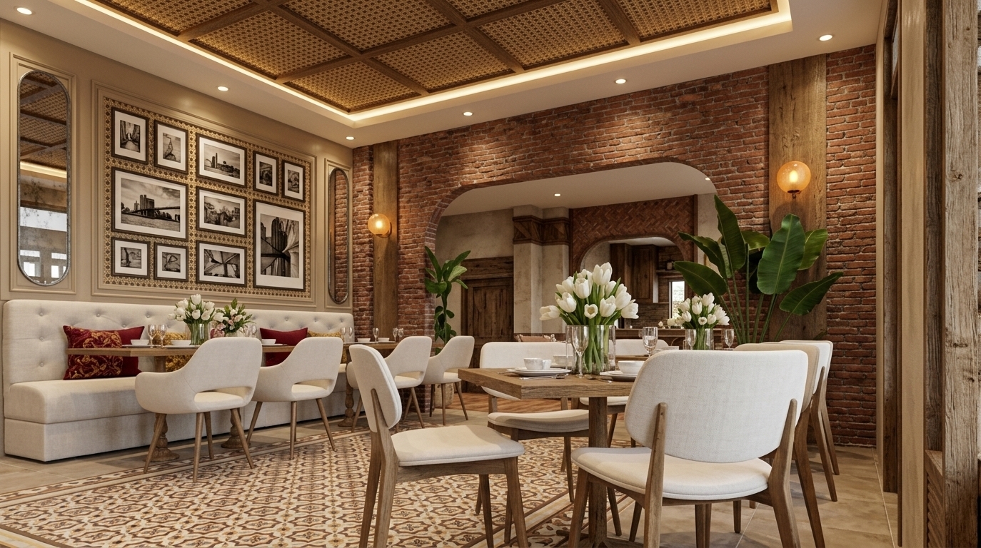 An incredibly lifelike, richly detailed, photorealistic wide-angle interior photo of a warm restaurant dining room set in a summer midday environment. The scene is illuminated by soft, indirect cove ceiling lighting and glowing vintage wall sconces, creating a cozy, romantic, and inviting atmosphere. Captured with a 24mm architectural lens, emphasizing the tactile weathered red brick walls, intricate wooden lattice ceiling panels, and elaborate ceramic floor tile patterns in shades of warm neutrals and soft yellows. The dining space effortlessly captures French country charm with rustic and provincial elegance, featuring off-white upholstered dining chairs, distressed oak furniture, and plush tufted banquette seating adorned with deep red accent pillows. Smooth wooden tables offer lovingly arranged surfaces with white porcelain dishware, crystal glassware, and fresh white tulip centerpieces in glass vases. A curated gallery wall framed in warm beige panels showcases timeless monochrome photography art, while lush, broad-leafed indoor plants frame the brick arched walkway, infusing the cottage-inspired interior with natural warmth and life.