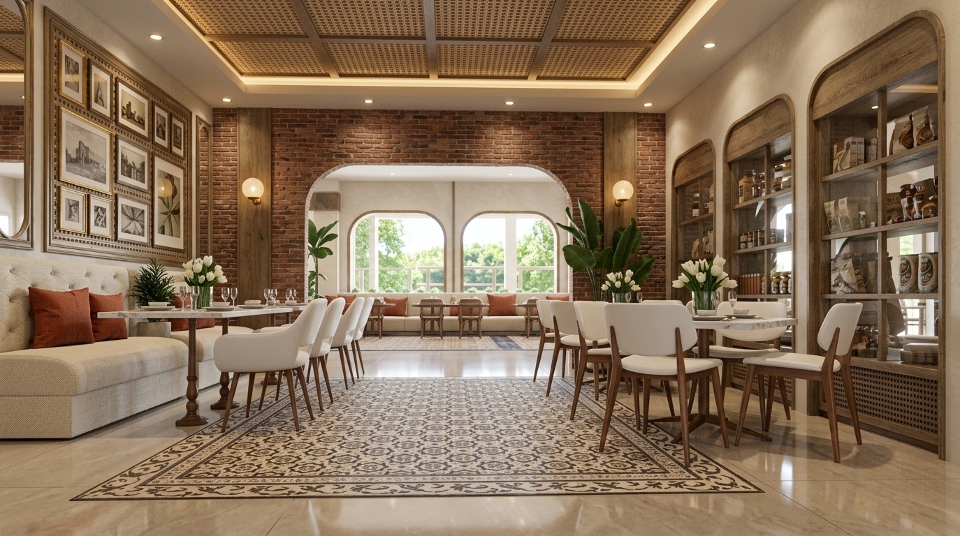 An incredibly lifelike, richly detailed, photorealistic wide-angle interior photo of an elegant restaurant interior set in a warm summer environment with distinct French country charm. The scene is illuminated by soft ambient midday glow and warm recessed cove lighting, creating a cozy, inviting, and romantic atmosphere. Captured with a 24mm architectural tilt-shift lens, emphasizing the tactile textures of exposed red brickwork, weathered light wood paneling, woven rattan ceilings, and polished tile flooring with an intricate decorative runner. 

The provincial-inspired space features vintage wooden and upholstered furniture lovingly arranged throughout, including textured cream banquette seating accented with rich terracotta pillows on the left and elegant white modern-classic dining chairs surrounding marble-topped tables set with fresh white tulips in glass vases. To the right, floor-to-ceiling oak display cabinets with arched glass doors showcasing curated gourmet goods add a rustic cottage charm. An impressive arched brick entryway draws the eye deep into the space, flanked by wall-mounted globe sconces and vibrant green indoor tropical plants, seamlessly combining distressed rustic elements with refined, elegant interior design.