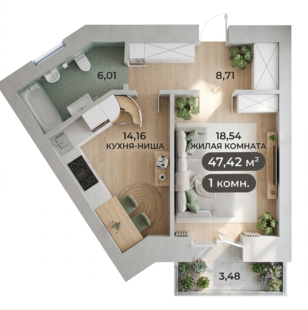 An incredibly lifelike, richly detailed, photorealistic top-down architectural interior photograph of a modern open-concept apartment set in a contemporary Scandinavian residence. The scene is illuminated by bright summer midday sun streaming across the space, creating a tranquil, airy, and hygge-inspired atmosphere. Captured with a high-resolution camera and a sharp tilt-shift lens, emphasizing the fine grain of light oak hardwood floors, plush textile upholstery, and sleek metallic fixtures. 

Decorated as a minimalist sanctuary, the living area features a plush light-gray sectional sofa accessorized with soft knitted throws, positioned across from a minimalist wooden media console and a low coffee table displaying open photography books. Adjacent to the living room, the open kitchen niche boasts clean white cabinetry, smooth stone countertops, and modern built-in appliances. Nature-inspired wall art in muted shades of sage green, white, and gray complements the organic feel, while subtle potted greenery accents the bright balcony and room corners. The overall layout harmoniously blends functional wooden and metal furniture with soft, tactile textures, delivering a pristine, serene living space bathed in natural light.