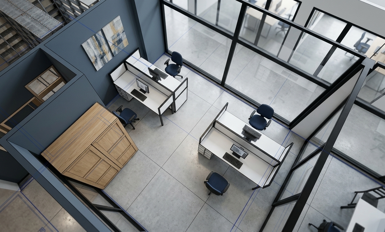 An incredibly lifelike, richly detailed, photorealistic high-angle isometric interior view of a contemporary office space set in a sleek modern commercial building. The scene is illuminated by soft, diffuse natural daylight filtering through floor-to-ceiling interior glass partitions, creating a bright, calm, and highly focused atmosphere. Captured with a sharp 24mm tilt-shift architectural lens, emphasizing the smooth matte finishes, crisp black partition frames, and rich tactile textures of the space.

The minimalist haven features two modular workstation pods composed of pristine white laminate desks anchored by sleek black metal framing and integrated privacy screens. Dual computer setups sit atop the desks, paired with dark blue ergonomic task chairs that harmonize beautifully with the surrounding walls. The focal accent wall is painted in a sophisticated, toned-down deep slate blue and adorned with understated modern canvas wall art. A tall, light-oak storage cabinet adds a touch of natural warmth, standing in subtle contrast against the polished, light-grey concrete floor tiles that softly reflect the ambient light. Framed by clean black structural mullions, the serene space exudes an organized, functional, and effortlessly elegant design aesthetic.