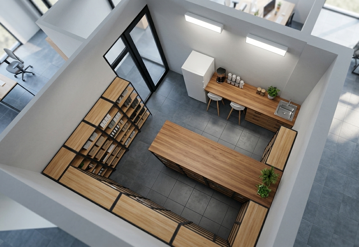 An incredibly lifelike, richly detailed, photorealistic high-angle interior photo of a modern office store room with an integrated kitchenette set in a minimalist corporate haven. The scene is illuminated by soft, overhead diffused architectural LED panel lights paired with gentle ambient daylight from adjacent glass partitions, creating a bright, calm, and ultra-functional atmosphere. Captured with a 24mm tilt-shift architectural lens, emphasizing crisp black-and-white contrast, tactile matte finishes, and smooth slate-grey flooring. 

The space highlights a high-contrast palette with matte black steel framing supporting extensive light-wood shelving that wraps around the room in a clean, modular layout. Along the main wall, a streamlined kitchenette features rich timber countertops, a polished stainless steel under-mount sink, and a compact white refrigerator tucked seamlessly alongside. Two iconic white minimalist bar stools with natural wooden legs nestle comfortably under the counter bar, offering an inviting spot for a quick break. Framed by striking black anodized aluminum glass doors, the room transitions seamlessly into the surrounding modern office floor, exemplifying sleek efficiency and elevated interior design.