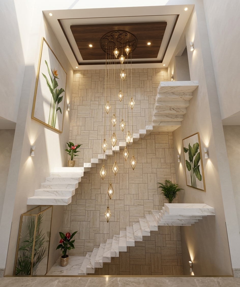 An incredibly lifelike, richly detailed, photorealistic wide-angle interior photo of a grand double-height staircase atrium set in a luxury minimalist haven residence. The scene is illuminated by bright, radiant ambient sunlight paired with warm recessed ceiling spotlights, sophisticated up-and-down LED wall lights, and the brilliant glow of a cascading diamond-pendant chandelier, creating an airy, opulent, and serene atmosphere. Captured with a 24mm tilt-shift lens, emphasizing the delicate veining of marble steps, natural wood textures, and refined geometric wall patterns. 

The vertical space features a stunning zigzagging floating staircase crafted from polished white Calacatta marble, climbing along a multi-textured beige travertine grid wall. At the center, a dramatic multi-tiered chandelier hangs gracefully from a dark walnut tray ceiling centered around a hand-carved decorative medallion, casting a constellation of diamond-shaped warm lights through the center of the atrium. Modern wall sconces throw soft hourglass beams of light onto the surrounding plaster walls, highlighting curated, gold-framed oversized botanical canvas paintings. Lush architectural planters housing vibrant green foliage are thoughtfully positioned on stair landings and polished stone floors, bringing natural life and vibrant contrast to the soft, neutral color palette of this bright modern sanctuary.