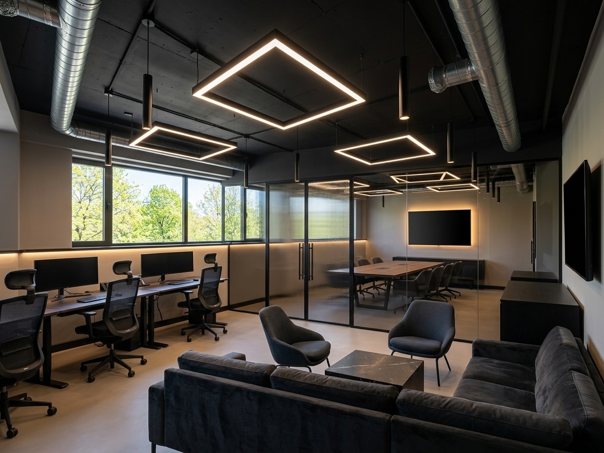 An incredibly lifelike, richly detailed, photorealistic wide-angle interior photograph of an upscale, contemporary executive office and glass-partitioned conference suite set in a modern office building during a bright spring day. The scene is illuminated by glowing square LED frame lights overhead, slender black cylinder spotlights, and warm, hidden ambient accent lighting balanced with crisp spring sunlight pouring through large windows, creating a cozy, sophisticated, and highly productive atmosphere. Captured with a professional full-frame camera and a 24mm architectural tilt-shift lens, emphasizing tactile textures of fluted glass, matte black metal, dark velvet upholstery, and industrial industrial textures...

### Architectural Layout & Ceiling Design
The high industrial ceiling retains its dramatic matte-black painted finish and original exposed galvanized steel ventilation ducts running parallel across the space. The existing large, black-framed square ceiling lights are fully illuminated, emitting a soft, diffused white radiance that fills the interior. Hanging between these square fixtures are elegant, slim, matte-black cylindrical pendant spotlights, each casting a focused, brilliant point of light downward onto key working and walkway areas. 

### Glass Partition & Meeting Suite
Dividing the open floor plan into two distinct functional zones is a floor-to-ceiling architectural glass wall anchored precisely between the structural wall projections. The main partition features sleek, smoke-tinted transparent glass that keeps the visual line of sight open while providing acoustic privacy. At its center, a set of double swing doors is crafted from matching smoke-tinted fluted (reeded) glass, creating a sophisticated tactile pattern that subtly diffuses light. The entire glass structure is framed in minimal, precision-engineered matte-black metal mullions with slender linear door handles.

### The Background Conference Room
Visible through the dark-tinted partition is a luxurious meeting room. At its center stands a large, custom-designed conference table with a dark, rich walnut top resting on geometric matte-black steel legs. Around the table are arranged comfortable, ergonomically contoured mid-century style armchairs upholstered in deep charcoal fabric. Mounted flush against the far back wall is a large, ultra-thin black smart TV screen, softly illuminated from behind by a warm LED perimeter glow.

### Foreground Workspace & Lounge Area
In the foreground section, the layout thoughtfully combines individual productivity with relaxed collaboration:
* **5 Modern Workstations:** Arranged cleanly along the side wall, five minimalist dark-finished desks feature integrated cable management, sleek dual monitors, and high-end ergonomic black mesh task chairs.
* **Executive Lounge Zone:** A cozy relaxation area features a plush, deep-charcoal modular velvet sofa paired with two dark slate-grey accent lounge chairs surrounding a low, black marble coffee table.
* **Wall Presentation Unit:** Mounted on the adjacent side wall is a second large black flat-screen TV, serving both working presentations and leisure viewing.

### Lighting, Color Scheme & Atmosphere
The overall color palette is a timeless mix of dark charcoal, matte black, smoke grey, and warm timber accents, elevated by layers of subtle architectural lighting. Linear LED strip lights hidden under window sills and along low perimeter ledges cast an inviting warm glow across the room. Outside the preserved large window openings, vibrant green spring trees and clear blue skies provide a lively natural backdrop, contrasting beautifully with the refined, atmospheric elegance of the interior space.