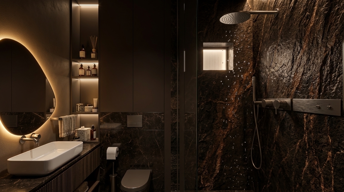 An incredibly lifelike, richly detailed, photorealistic interior photo of a sleek, cyber-eclectic luxury bathroom set in a high-end urban penthouse at night. The scene is illuminated by glowing warm LED backlighting behind an organically shaped asymmetrical mirror, soft recessed shelf lighting, and dim overhead accents, creating an intimate, moody, and futuristic atmosphere. Captured with a professional 35mm lens, emphasizing the tactile polished veining of dark brown Emperador marble walls, fine vertical timber ribbing on the vanity, crisp white ceramic surfaces, and delicate glistening water droplets suspended mid-air in the shower.

On the left, a vessel sink sits atop a dark slatted wooden floating vanity, complemented by a minimalist wall-mounted matte faucet and built-in vertical shelving thoughtfully styled with luxury toiletries and decor. In the center, dark wood paneling gracefully integrates a modern wall-hung toilet. To the right, the walk-in glass shower enclosure features a continuous brown marble backdrop, brushed metallic fixture controls, and a cascading rainfall showerhead, casting realistic reflections across the mixed-media stone surfaces and enhancing the deep, layered depth of this vibrant, tech-inspired sanctuary.