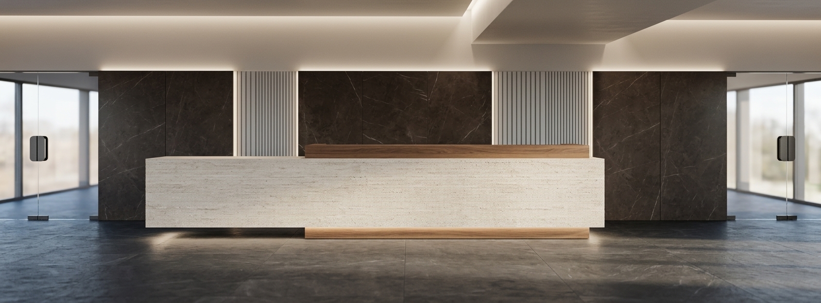 An incredibly lifelike, richly detailed, photorealistic interior photo of a luxury reception desk and feature wall set in a serene hotel lobby designed as a minimalist haven. The scene is illuminated by soft, diffuse light embedded seamlessly beneath the reception desk overhang, within the base kickplates, and along delicate vertical wall channels, complemented by ambient ceiling cove lighting, creating a warm, tranquil, and sophisticated atmosphere. Captured with a professional full-frame architectural camera paired with a 35mm tilt-shift lens, emphasizing the rich interplay between tactile grooved stone, polished dark marble, and subtle light reflections across the floor.

At the focal point of the expansive lobby stands a long, floating reception desk featuring a horizontal fascia made of finely carved, horizontally textured off-white travertine stone. Soft diffuse LED illumination radiates from beneath the front panel, casting a gentle, welcoming glow across the dark slate-grey tile floor. Behind the travertine front, a rich, matte-finished natural walnut wood secondary counter adds a warm, organic touch to the geometric composition.

The dramatic backdrop wall is framed in large-format, deep espresso-brown marble panels featuring delicate, subtle white veining with a refined satin finish. Rhythmical sections of light grey, fluted vertical panels are inset into the marble backdrop, accented by hidden linear light strips that emit a soft, atmospheric halo of diffuse illumination. Above, layered ceiling soffits feature concealed perimeter light troughs that wash the neutral upper walls with light, enhancing the room's airy yet grounded verticality. 

Flanking the central desk area, expansive floor-to-ceiling glass double doors with sleek, minimal dark metal handles frame glimpses of soft exterior natural light, subtly connecting the serene interior sanctuary to the outside world. Perfect vertical lines, crisp architectural geometry, and a carefully balanced composition evoke the ultimate high-end hospitality experience.