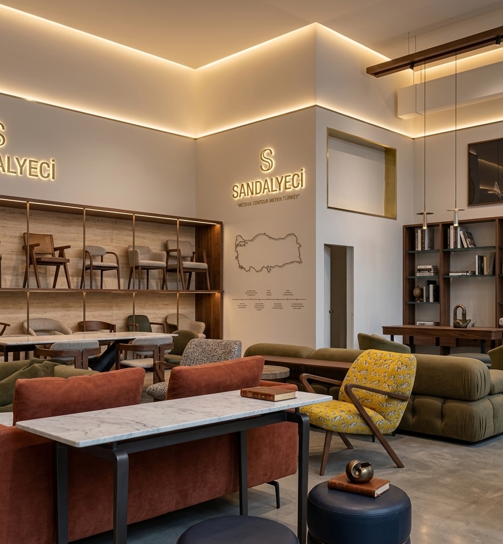 An incredibly lifelike, richly detailed, photorealistic wide-angle interior shot of a luxury furniture showroom for the prestigious Turkish brand Sandalyeci set in an upscale, minimalist commercial space. The scene is illuminated by ambient, warm indirect perimeter LED cove lighting paired with subtle directional spotlights, creating an inviting, sophisticated atmosphere. Captured with a professional 35mm architectural lens, emphasizing tactile walnut wood grain, honed marble surfaces, soft woven textiles, and polished brass accents. In the foreground, plush modular sofas in rich terracotta and olive tones anchor the space alongside sleek marble-topped console tables, dark navy leather ottomans, and a statement yellow pattern-upholstered armchair. To the left, a multi-tiered recessed display unit highlights a curated gallery of iconic dining chairs against a travertine backplate, while the smooth, prominent vertical walnut wall directly to its right serves as a dedicated heritage display, featuring elevated, backlit gold typography of Sandalyeci's brand motto, a delicate metal contour outline of Turkey, and fine timeline etchings celebrating the company's rich craftsmanship origins. Further right, a recessed door opens toward administrative quarters, and open shelving filled with architectural books and sculpture pieces completes this serene, high-end minimalist haven.