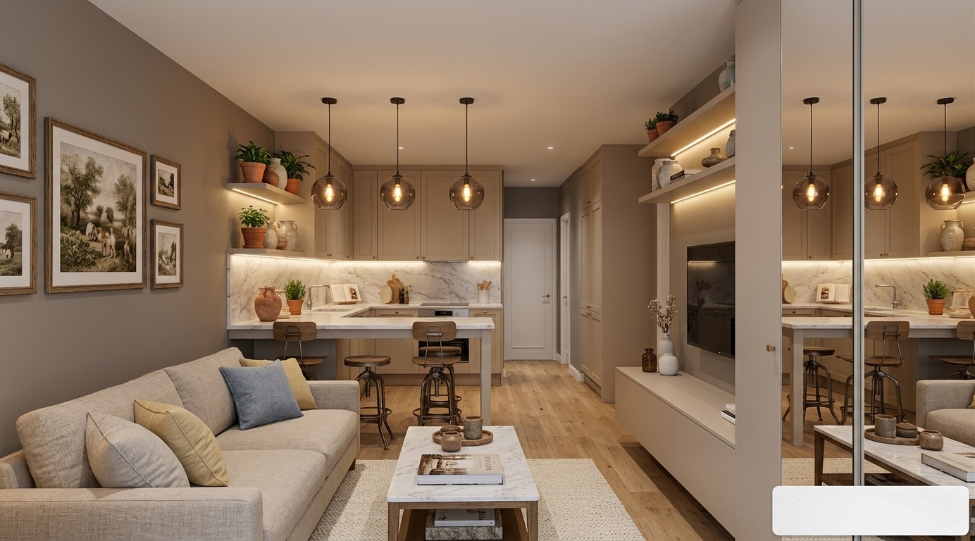 An incredibly lifelike, richly detailed, photorealistic wide-angle interior photo of an open-concept living room and kitchen space set in a cozy, French country-inspired residence. The scene is illuminated by soft, integrated LED accent lighting nestled under open shelving and warm filament bulb pendant lights, creating a serene, intimate, and romantic atmosphere. Captured with a professional 24mm architectural wide-angle lens, emphasizing the tactile linen fabrics, rich natural oak flooring, polished marble surfaces, and delicately distressed decor.

On the left, a inviting beige textured linen sofa is layered with plush accent cushions in soft neutrals, muted blues, and subtle yellow tones. Above it, the taupe-painted feature wall is adorned with a curated set of framed pastoral wall art in elegant, slightly weathered frames. In the center, a white marble-topped coffee table rests upon a soft, woven cream area rug, displaying a coffee-table photography book alongside rustic decorative accents.

Further into the room, the kitchen features clean, warm-toned beige cabinetry seamlessly blended with rich white marble backsplashes and countertops. Under-cabinet strip lighting casts a soft, warm glow across open display shelves filled with terracotta potted indoor plants, ceramic vases, and artisanal stoneware. Four smoked-glass globe pendant lights suspend over a marble-topped breakfast bar, accompanied by vintage-style metallic bar stools with distressed wood accents.

To the right, a sleek, floor-to-ceiling storage unit incorporates a floating media console and backlit floating shelves. Adjacent mirrored wardrobe doors capture crisp, clear reflections of the entire room, amplifying the depth and highlighting the harmony between modern minimalism and rustic French provincial charm.