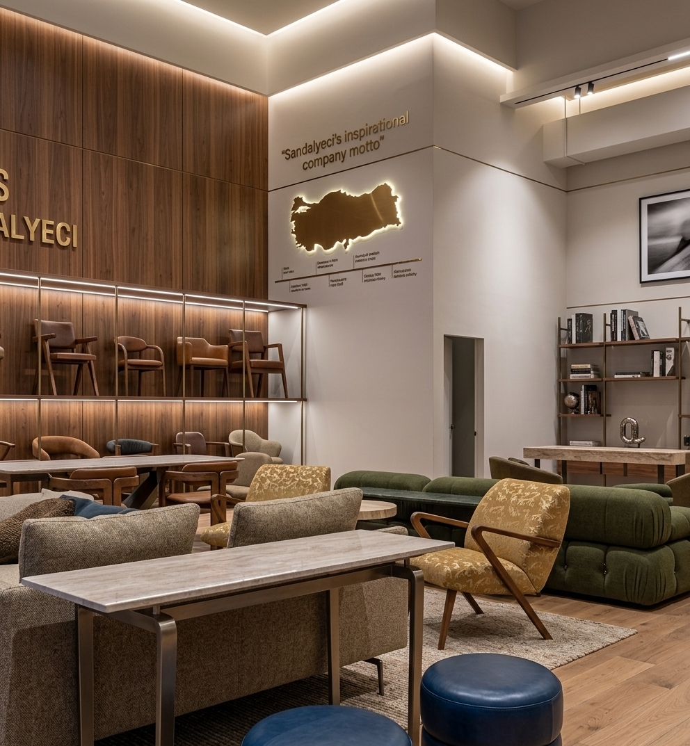 An incredibly lifelike, richly detailed, photorealistic wide-angle interior photo of a luxury furniture showroom set in a modern, high-end commercial space. The scene is illuminated by soft, recessed LED cove lighting along the high ceiling and focused architectural spotlights, creating a warm, sophisticated, and contemporary elegance atmosphere. Captured with a 35mm architectural lens, emphasizing rich walnut wood grains, tactile upholstery fabrics, and polished marble textures, the space showcases a curated arrangement of designer chairs and lounge seating. To the right of the backlit travertine shelving unit—where handcrafted chairs are neatly displayed—the expansive vertical wood-paneled wall features an elegant brand history installation: refined, raised brass lettering displays Sandalyeci’s inspirational company motto, while alongside it, a sleek, backlit golden metallic outline map of Turkey honors the brand's roots. Beneath the map, a subtle timeline in polished metallic inlay seamlessly traces key historic milestones of Sandalyeci's heritage in chair manufacturing, seamlessly blending story and design into the warm interior equipped with a golden-patterned lounge chair, dark blue leather ottomans, a sleek marble console table, and deep olive modular sofas.