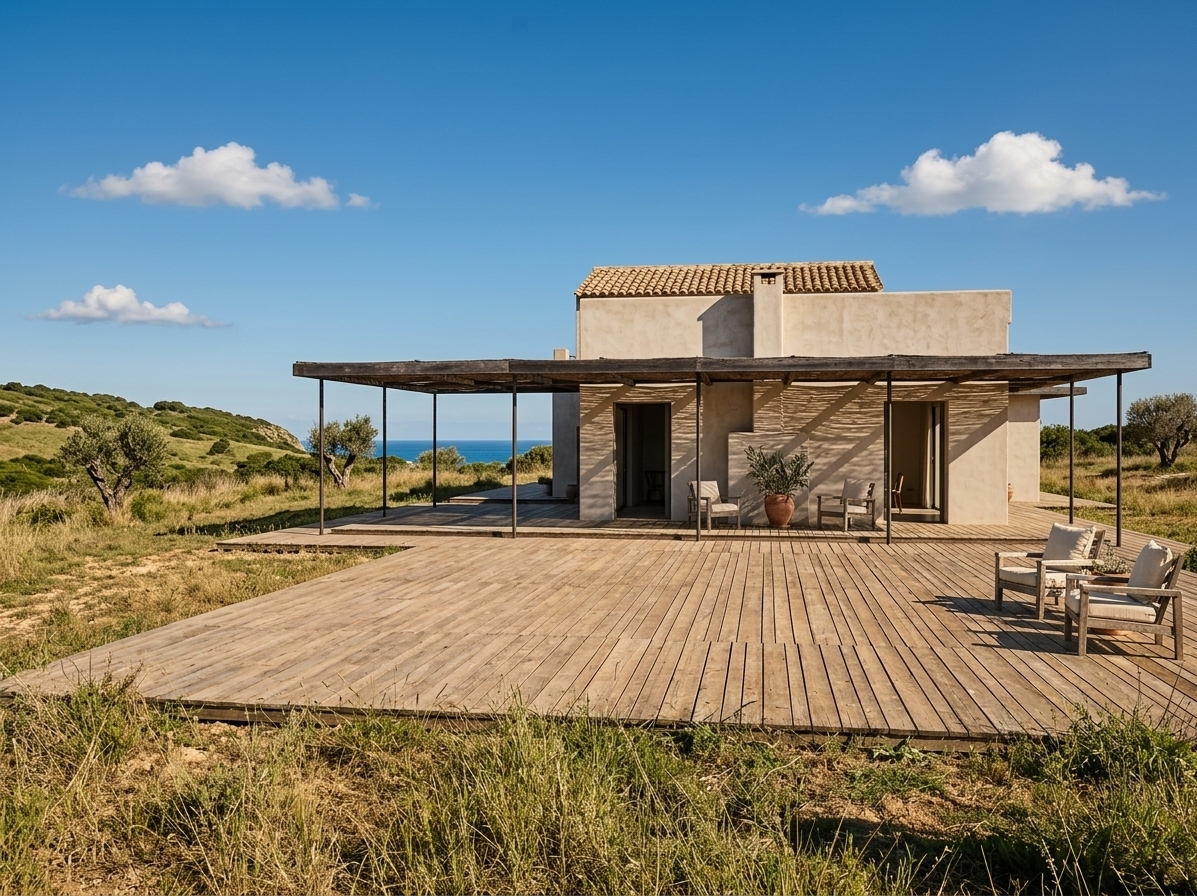 An incredibly lifelike, richly detailed, photorealistic wide-angle architectural shot of a modern Mediterranean retreat set in an expansive, sun-drenched coastal countryside landscape. The scene is illuminated by brilliant, warm sunlight beneath a deep azure sky filled with soft white clouds, creating a relaxed, earthy, and inviting atmosphere. Captured with a high-end full-frame camera and a 35mm lens, emphasizing the rich contrast between dark structural steel, weathered wooden decking, and tactile terracotta textures.

The two-story residence showcases a harmonious blend of rustic charm and contemporary elegance, featuring hand-troweled stucco walls in soft warm neutrals complemented by traditional aged terracotta roof tiles. A wide, sweeping pergola supported by slender dark wrought-iron posts creates a sprawling shaded outdoor sanctuary, casting sharp, geometric shadows over the warm timber decking below. Beneath the dark canopy, the open-air veranda is curated for casual coastal living with rustic wooden furniture and Mediterranean-inspired accents. Rolling green manicured lawns frame the home, completing this picture-perfect villa design straight from the pages of an architectural photography book.
