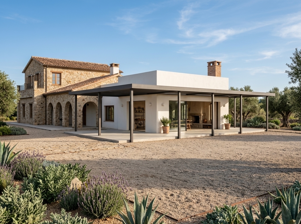 An incredibly lifelike, richly detailed, photorealistic wide-angle architectural photo of a modern Mediterranean retreat set in a sun-drenched countryside landscape surrounded by ancient olive trees and native flora. The scene is illuminated by bright, clear late-afternoon sunlight under a vibrant blue sky with soft wispy clouds, creating a relaxed, warm, and earthy atmosphere. Captured with a professional architectural tilt-shift lens, emphasizing the tactile harmony between rustic aged stone arches, weathered terracotta roof tiles, pristine white stucco walls, and a sleek, dark steel pergola extending over a smooth concrete patio. In the foreground, a textured gravel forecourt is framed by vibrant Mediterranean landscaping featuring spiky agaves and silvery lavender bushes. Through expansive floor-to-ceiling glass sliding doors, glimpses of the interior reveal shades of warm neutrals, textured surfaces, wrought iron accents, rustic wooden furniture, and lush indoor plants, perfectly capturing the casual elegance of a fine art Mediterranean landscape wall art print or architectural photography book.
