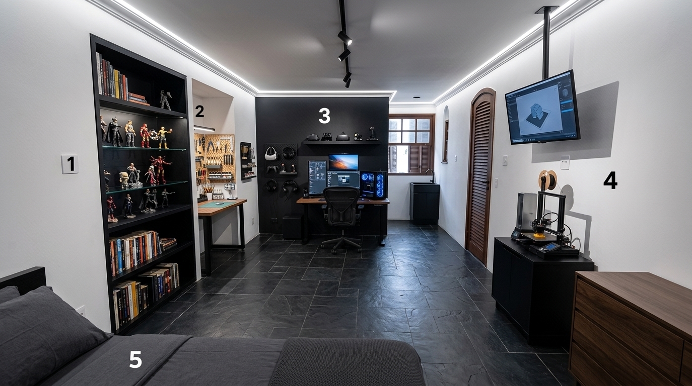 An incredibly lifelike, richly detailed, photorealistic wide-angle interior photograph of a cyber-eclectic studio bedroom and creative workshop set in a modern urban apartment. The scene is illuminated by crisp 4000K neutral white LED perimeter strip lighting concealed along the ceiling trim, paired with direct black ceiling track spotlights focused on functional work zones, creating a sharp, high-tech, and energizing atmosphere. Captured with a 24mm architectural lens at f/4, emphasizing the raw texture of natural dark slate floor tiles, sleek matte black wall profiles, and vibrant neon accents. In the first deep structural alcove on the left, a tall custom black shelving unit showcases organized books and illuminated action figure collections, while the neighboring alcove houses a dedicated craft atelier workbench complete with a wall-mounted pegboard organizing tools, fine brushes, and paint jars. The main accent wall at the back is painted a deep matte black, anchored by an immersive workstation featuring a high-end gaming PC setup, multi-monitor array, wall-mounted floating shelves for gear, a wall organizer panel displaying headsets and joysticks, and an ergonomic gaming chair positioned at a precise 90-degree angle to the wall. To the right, in front of the smooth white wall, an industrial 3D printer operates on a low cabinet underneath a sleek ceiling-suspended flat-screen monitor, opposite a dark louvered door. Near the foreground corner, a low-profile minimalist bed with charcoal textiles rests beside a modern dark dresser, while near the far light-filled window, a compact matte-black utility sink provides practical convenience for the creative studio space.