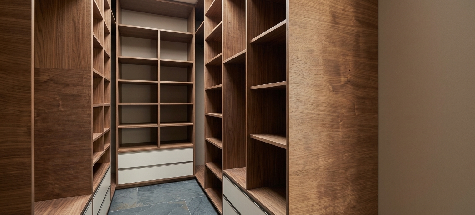 A professionally captured interior architecture photograph of a custom walk-in closet, perfectly preserving the original scene's geometry, perspective, and composition. Bright, clear midday spring daylight fills the space from an unseen natural light source, casting crisp yet soft-edged shadows within the deep shelving units and illuminating the rich, warm brown wood veneer with visible natural micro-grain and subtle surface texture. The off-white drawer fronts feature a soft-matte finish with gentle ambient reflections, while the dark gray tiled floor shows realistic subtle sheen, faint surface variations, and precise grout lines. Shot with a 24mm architectural tilt-shift lens, the image has edge-to-edge sharpness with subtle natural lens vignetting, hyper-realistic highlight falloff along the cabinet edges, and micro-imperfections such as faint dust specks and slight natural noise in the deepest shadows to deliver an authentic, high-end photograph.
