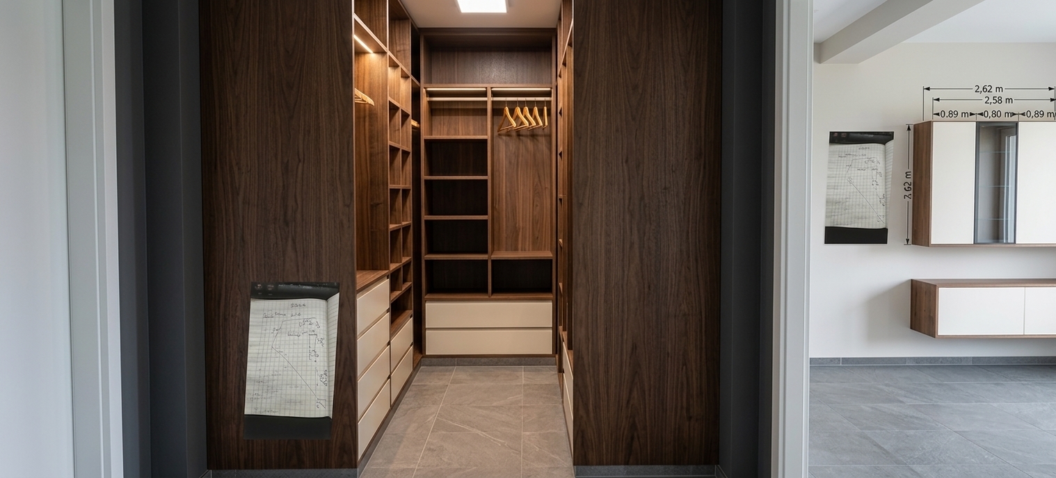 A straight-on, eye-level architectural photograph of a custom walk-in closet captured during a bright spring midday, preserving the exact geometry, camera perspective, and composition of the scene. The open cabinetry is built from rich, dark-stained wood veneer with visible tactile grain micro-textures, catching gentle specular highlights from abundant diffuse natural daylight coming from an unseen adjacent window. The lower drawers feature clean, satin-finish off-white panels, while the floor consists of matte grey porcelain tiles with subtle surface texture and fine grout lines reflecting soft ambient light. The recessed shelf compartments display soft ambient occlusion shadows in their corners, creating a clear sense of depth. The outer accent walls are finished in a smooth, dark slate grey paint. Shot with a professional medium-format camera and a wide-angle lens, the image exhibits ultra-realistic photographic imperfections including subtle optical vignetting, a micro-layer of atmospheric softness, realistic light falloff, and faint digital sensor grain for an authentic, high-end interior architecture photograph.