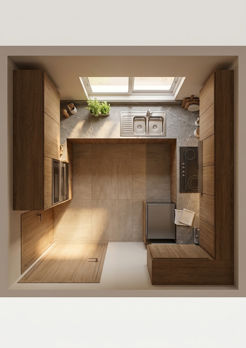A top-down orthographic architectural photograph of the kitchen interior precisely following the layout, geometry, and placement of the floor plan, captured on a quiet autumn night. Warm, inviting interior lighting with a 2700K color temperature glows soft and low from recessed ceiling fixtures and under-cabinet strip lights, creating gentle, realistic drop shadows across the natural stone tile flooring. The double-basin stainless steel sink positioned along the upper wall reflects soft highlights from a brushed chrome faucet, while the cooktop along the right counter displays a smooth, dark glass surface with subtle sheen. Beyond the top window, dark cool night tones create a striking contrast against the cozy, warm ambient glow inside. Surfaces feature authentic micro-textures including faint grain on the cabinetry, slight smudge reflections on the polished countertops, and subtle ambient occlusion in the corners. Shot with a crisp architectural lens using full orthographic framing, displaying natural light falloff, gentle edge vignetting, and tactile material physics throughout.