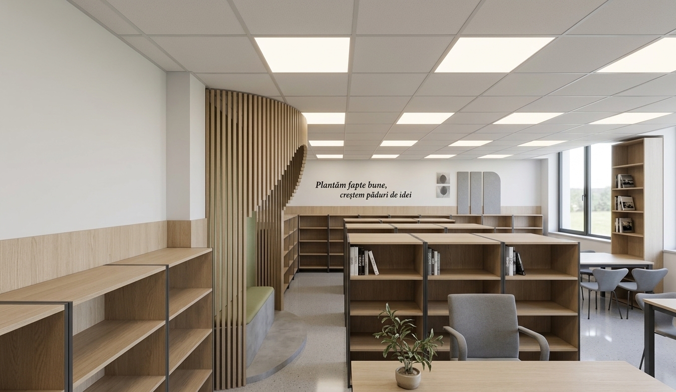 An incredibly lifelike, richly detailed, photorealistic wide-angle interior photo of a modern library study room set in a serene, minimalist haven. The scene is illuminated by bright midday natural light filtering through expansive side windows alongside warm recessed square LED ceiling panels, creating a peaceful and uncluttered atmosphere. Captured with a professional 24mm tilt-shift lens, emphasizing the fine natural grain of light oak shelving, smooth matte white surfaces, and subtle tactile finishes...

Rows of sleek, low-profile wooden bookcases and streamlined study tables crafted from light timber and matte dark metal define the functional layout. To the left, a striking organic curved wall featuring vertical timber slats wraps softly around an integrated seating nook upholstered in a muted pastel olive fabric. Elegant black typography reading *"Plantăm fapte bune, creştem păduri de idei"* accents the far wall alongside subtle monochromatic abstract wall art and minimal grey acoustic panels. Clutter-free surfaces display only a few curated photography books and small indoor plants, while a palette of soft whites, cool grays, and subtle pastel greens enhances the calm, Zen-inspired aesthetic. Diffused reflections on the smooth light-gray terrazzo floor add depth and spatial clarity to this refined educational space.