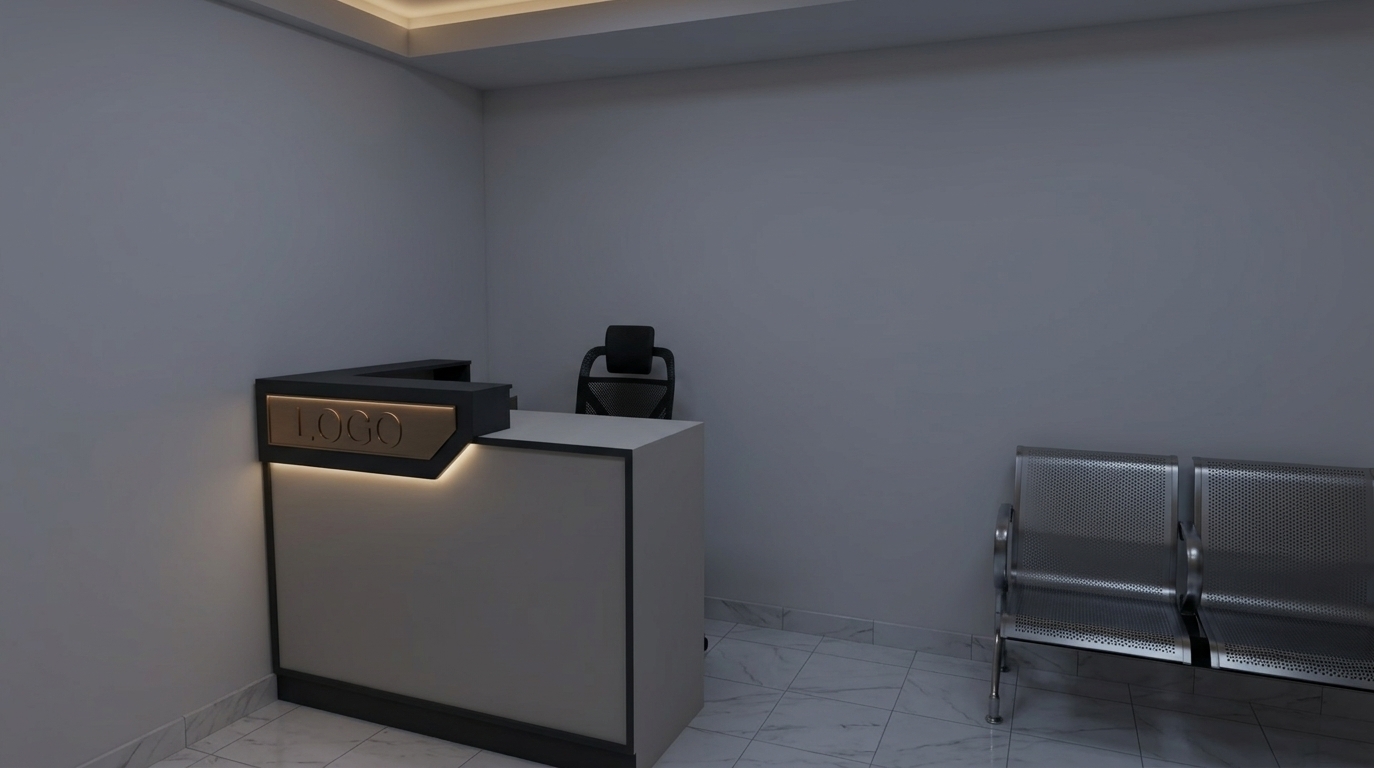 An incredibly lifelike, richly detailed, photorealistic wide-angle interior photo of a sleek reception area and waiting lounge set in a modern corporate office interior. The scene is illuminated by soft, dim night-time ambient lighting combined with warm architectural backlighting, creating a serene, sophisticated, and uncluttered atmosphere. Captured with a 35mm architectural wide lens, emphasizing smooth matte paneling, subtly polished white marble floor tiles, and refined metallic details, the composition highlights a minimalist haven. In the foreground, a streamlined L-shaped reception desk features a clean monochromatic off-white finish paired with dark charcoal trim, proudly displaying a subtle backlit metallic bronze "LOGO" emblem on its raised side panel. Behind the clutter-free counter sits an ergonomic black mesh executive chair, while to the right, a pair of sleek, perforated silver-and-black metal seating units with crisp geometric lines offer elegant functional seating for guests. The quiet palette of cool grays, muted whites, and deep graphite undertones highlights the clean lines, subtle marble veining underfoot, and serene, Zen-inspired aesthetic of this contemporary space.