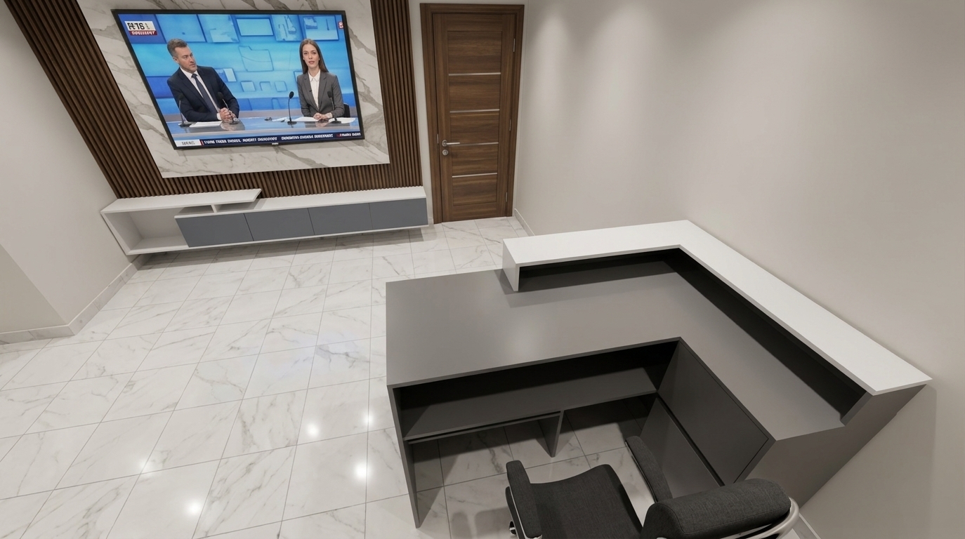 An incredibly lifelike, richly detailed, photorealistic wide-angle interior photo of a sophisticated hotel lobby reception area set in a peaceful boutique retreat on a warm summer night. The scene is illuminated by subtle recessed downlights and the gentle ambient illumination from the flat-screen display, creating a serene and zen-inspired atmosphere. Captured with a wide-angle 24mm architectural lens, emphasizing the smooth polished marble floor tiles, sleek matte gray surfaces, and elegant vertical wood slatted wall cladding...

Embodying a minimalist haven, this uncluttered, functional space features an L-shaped reception desk crafted in streamlined shades of white and slate gray, complemented by a dark ergonomic office chair. The floor shines with large-format white marble tiles featuring delicate gray veining that reflects the soft ambient lighting. On the main accent wall, a low-profile floating media console rests beneath a wall-mounted display framed by vertical dark-wood slats and a polished marble inlay. A dark walnut door with subtle metallic horizontal accents anchors the corner, adding warmth and structure. Designed with modern simplicity and elegant restraint, the monochromatic space maintains pristine, clutter-free surfaces and an inviting atmosphere of understated luxury.