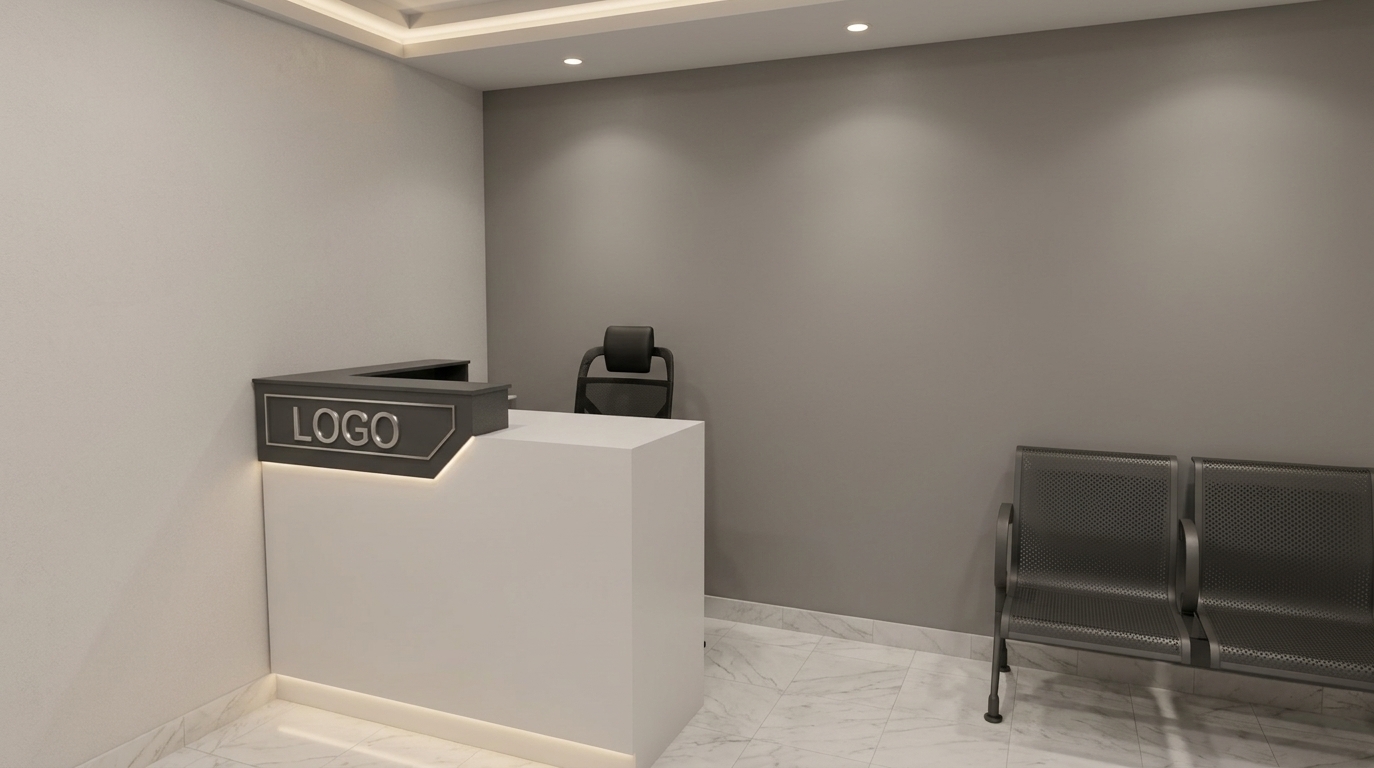 An incredibly lifelike, richly detailed, photorealistic eye-level interior photo of a contemporary office reception lobby set in a modern minimalist haven on a quiet summer night. The scene is illuminated by gentle, warm ambient recessed lighting and subtle glow accents, creating a serene, uncluttered, and highly professional atmosphere. Captured with a professional 24mm architectural tilt-shift lens, emphasizing the delicate veining of light white marble floor tiles, clean matte plaster walls, and smooth geometric surfaces. The room features a streamlined two-tone reception desk with a charcoal counter accent displaying an elegant metallic "LOGO" sign, accompanied by a sleek ergonomic desk chair. Beside it, modern, functional waiting bench seating with perforated mesh patterns sits against the monochromatic gray backdrop, embodying an elegant, Zen-inspired aesthetic with muted shades of white, charcoal, and subtle gray tones.