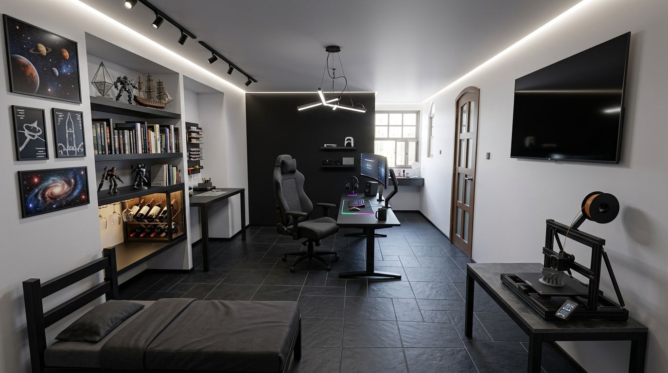 An incredibly lifelike, richly detailed, photorealistic wide-angle interior photograph of a modern cyber-eclectic masculine bedroom and creative studio set in a stylish urban apartment. The scene is illuminated by crisp 4000K neutral-white LED cove strips along the ceiling perimeters, directional black spotlight track rails casting focused beams, and soft natural daylight filtering in through the rear multipane window, creating a sophisticated, focused, and futuristic atmosphere. Captured with a professional full-frame camera and a wide 16-35mm lens, emphasizing the matte-textured dark charcoal slate tile flooring, clean-lined black metal corner trims, and finely detailed tech gear. In the left foreground, a contemporary single bed dressed in sleek charcoal linens sits beneath a tasteful gallery wall of framed deep-space nebulae and planetary art; right next to it, a deep built-in shelving recess is packed with arranged books, sci-fi action figures, a geometric crystal model, and an illuminated mini-bar displaying wine bottles and stemware. Further down the left wall, a creative maker bench is organized with miniature tool pegboards and acrylic paint racks. The back of the room features a bold matte-black accent wall framing a high-performance battlestation with dual curved glowing monitors, an ergonomic high-back gaming chair, glowing peripherals, a desktop headset stand, and floating accessory shelves, while the sunlit window nook houses a compact vanity counter. Along the right side, an industrial maker desk supports an active, intricate 3D printer with a filament spool, sitting directly beneath a large, ultra-slim 4K TV mounted flush against the smooth white wall.